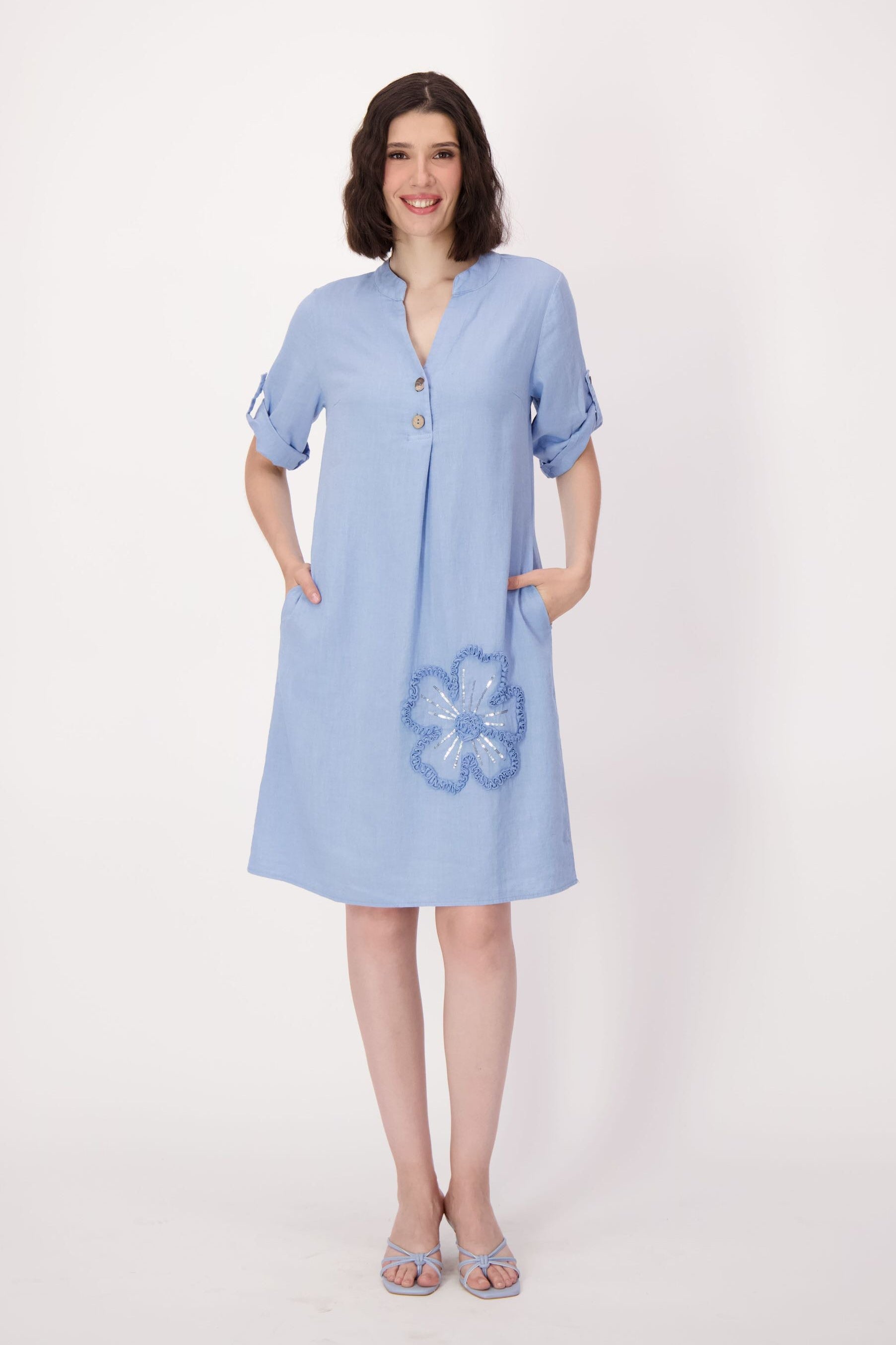 Sparkle Sunflower Applique Linen-Blend Dress