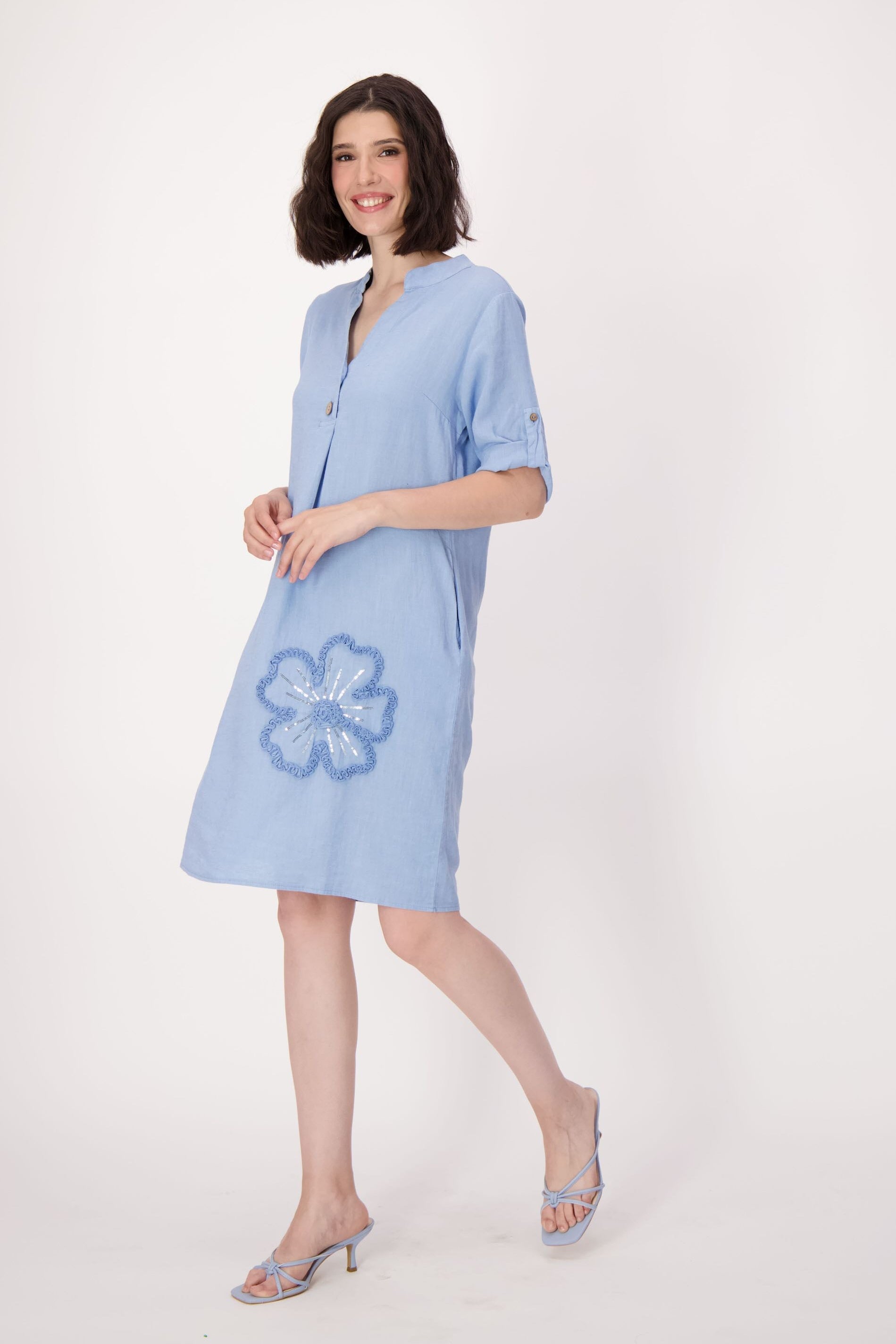 Sparkle Sunflower Applique Linen-Blend Dress