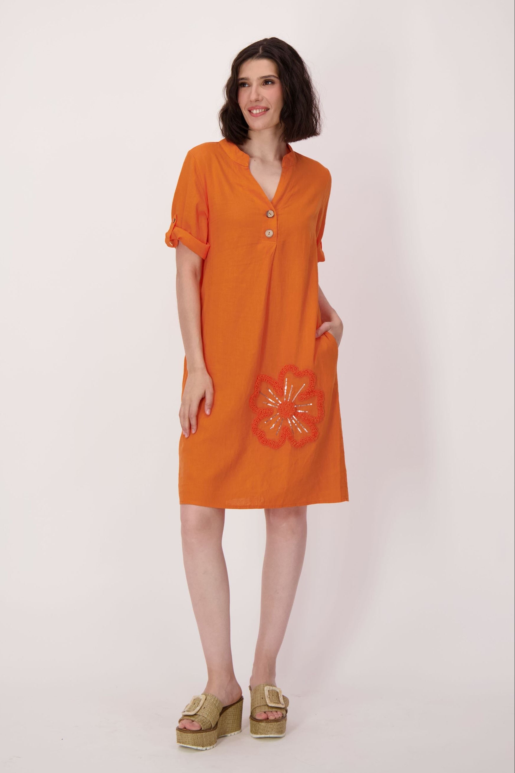 Sparkle Sunflower Applique Linen-Blend Dress