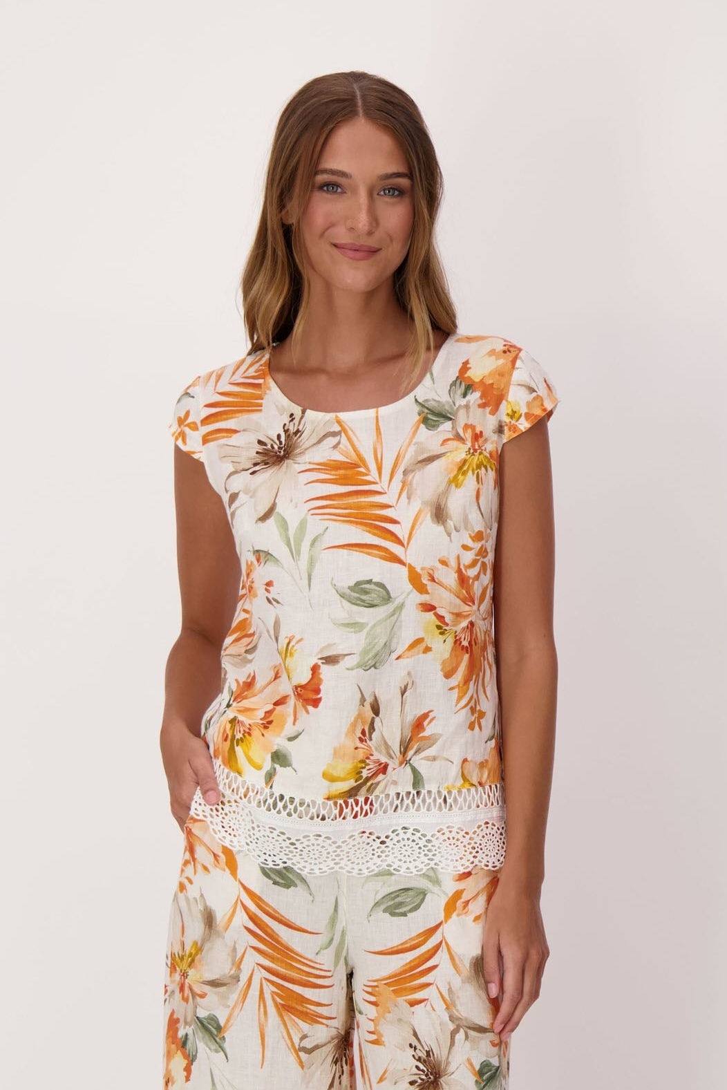 Sunset Palm Lace Hem Linen Top