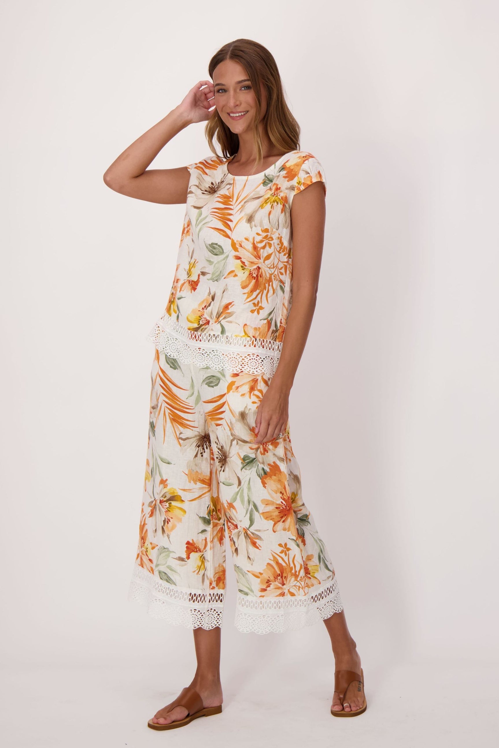 Sunset Palm Lace Hem Linen Top