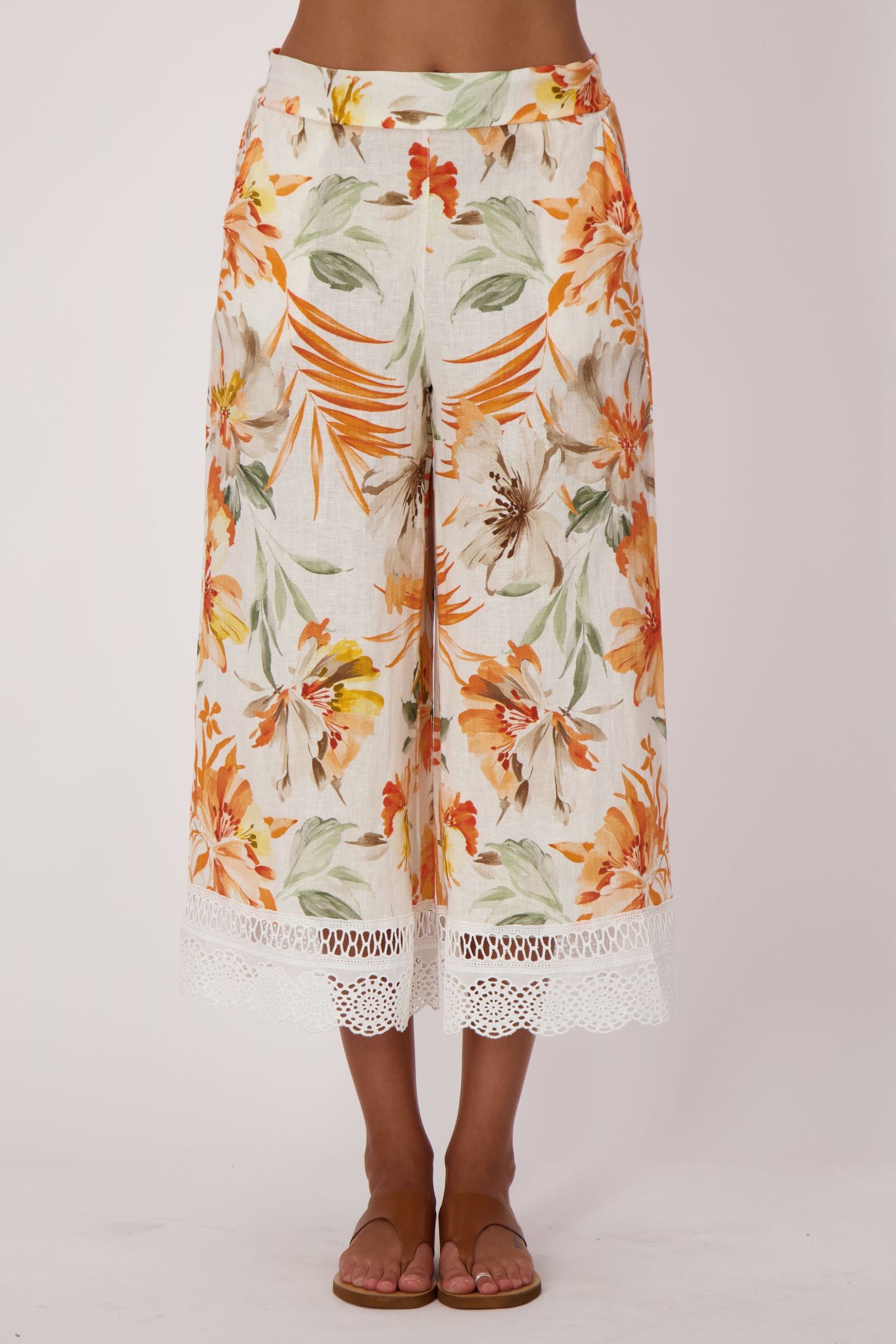 Sunset Palm Lace Hem Linen Capri