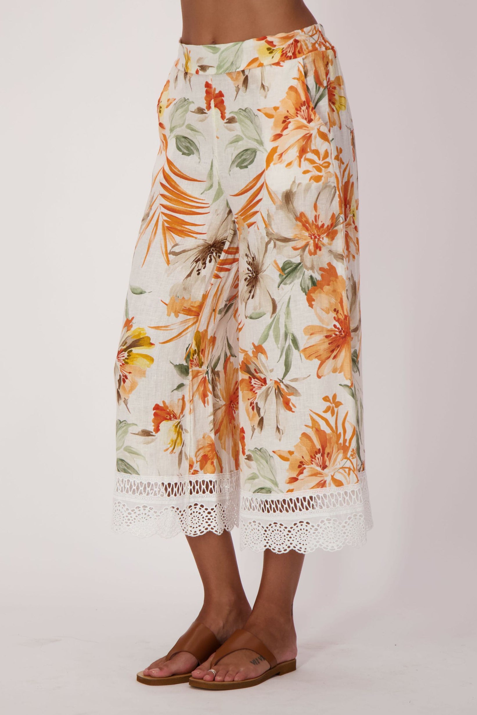Sunset Palm Lace Hem Linen Capri