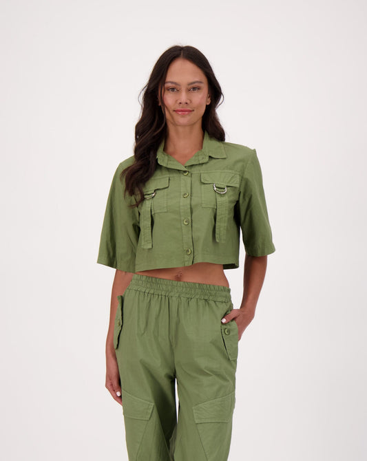 Utility Crop Shirt Top With Patch Pocket