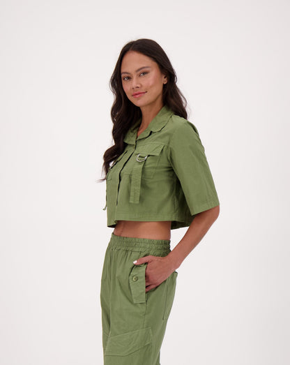Utility Crop Shirt Top With Patch Pocket