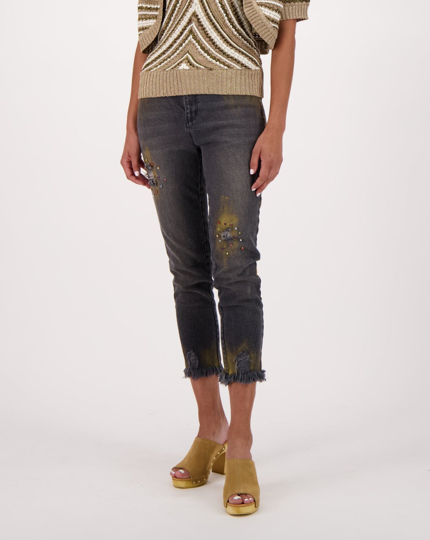 Gold Washed Denim Pant With Rhinestone Embroidery