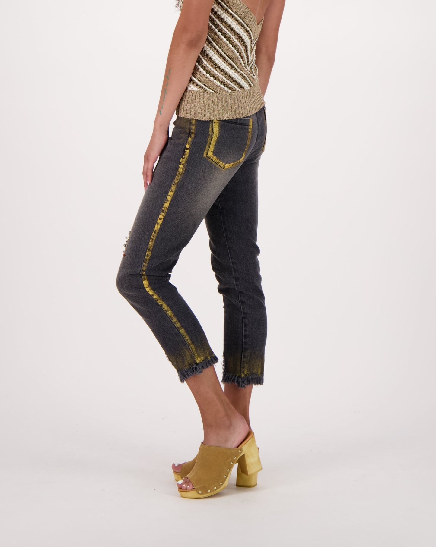 Gold Washed Denim Pant With Rhinestone Embroidery