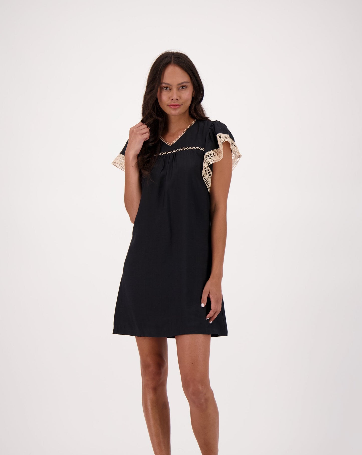 Flutter Sleeve Little Black Dress With Lace Details