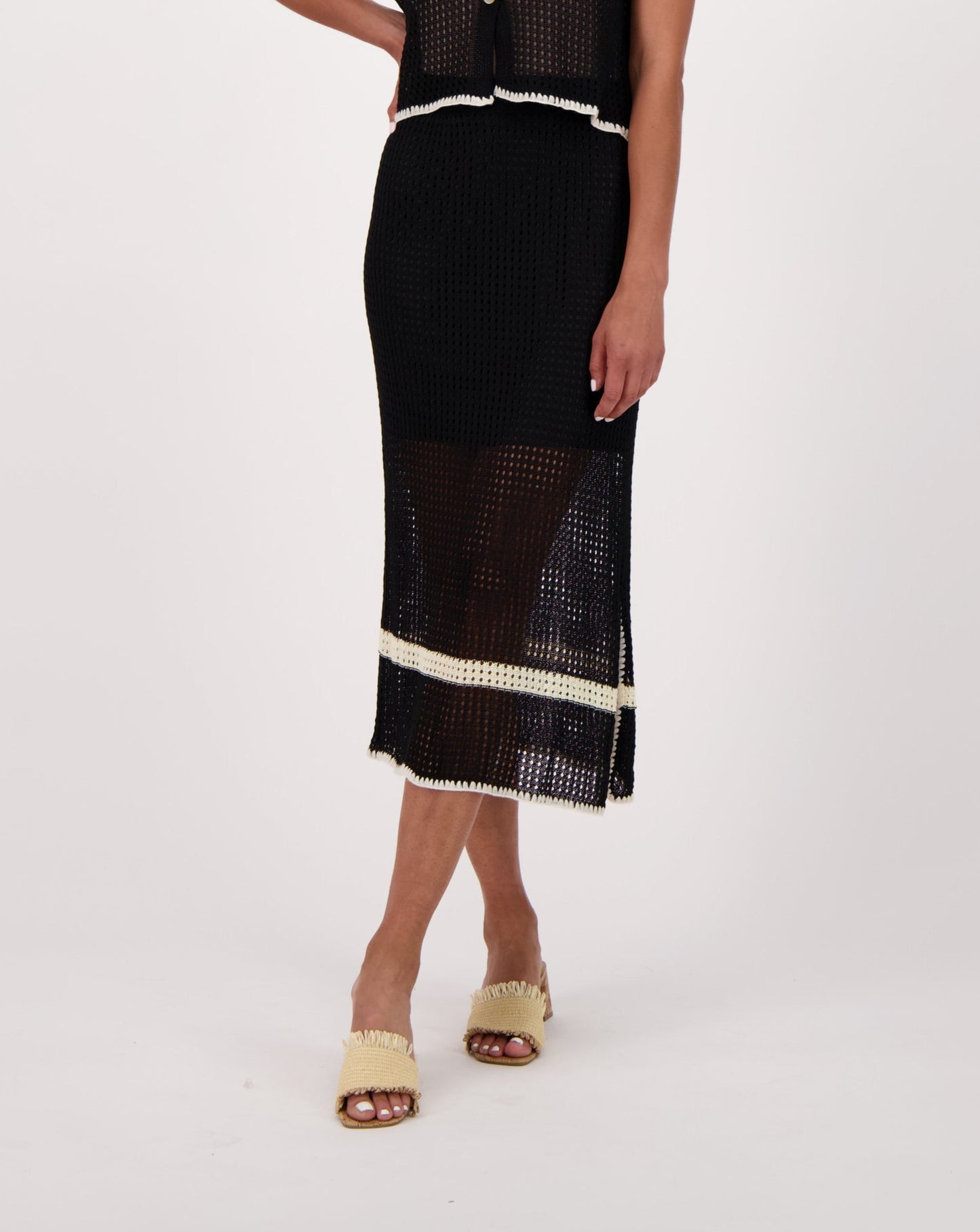 Open Mesh Knit Honeycomb Side Slit Long Skirt