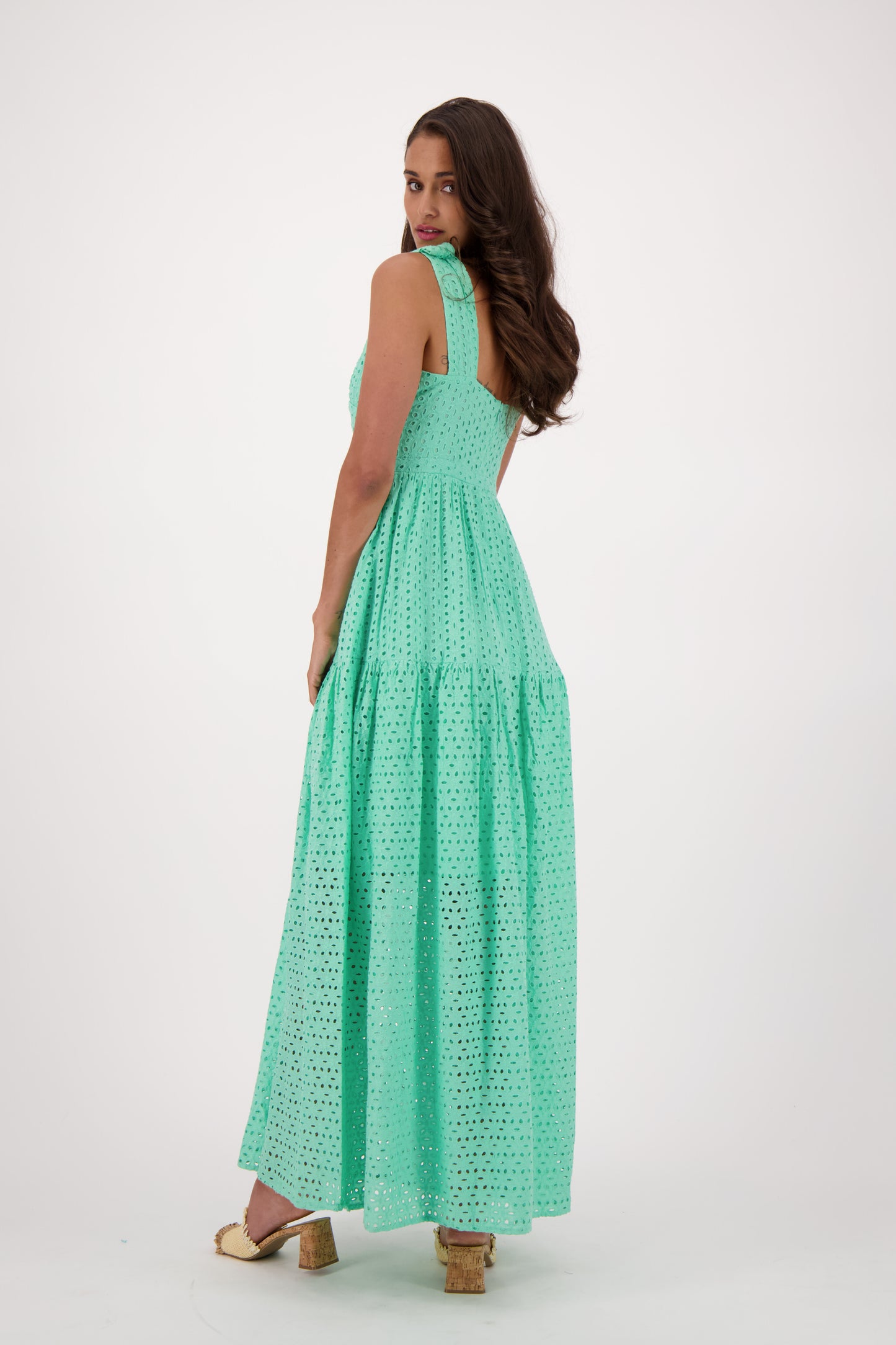 Eyelet Long Tiered Dress With Plunge Back