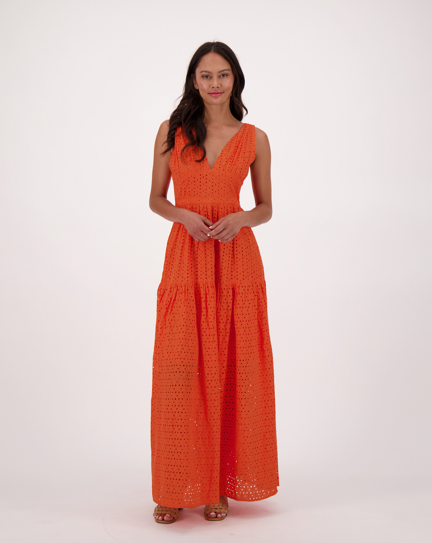 Eyelet Long Tiered Dress With Plunge Back