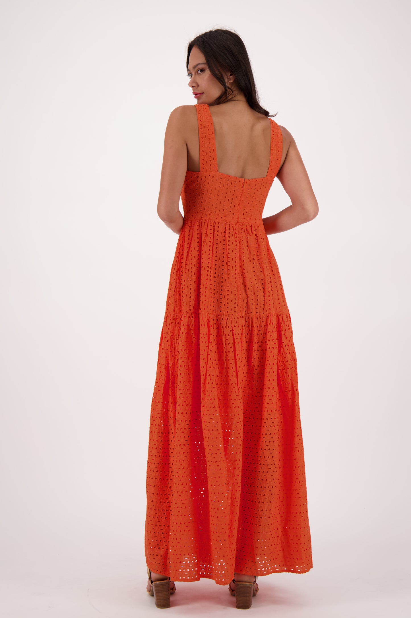 Eyelet Long Tiered Dress With Plunge Back