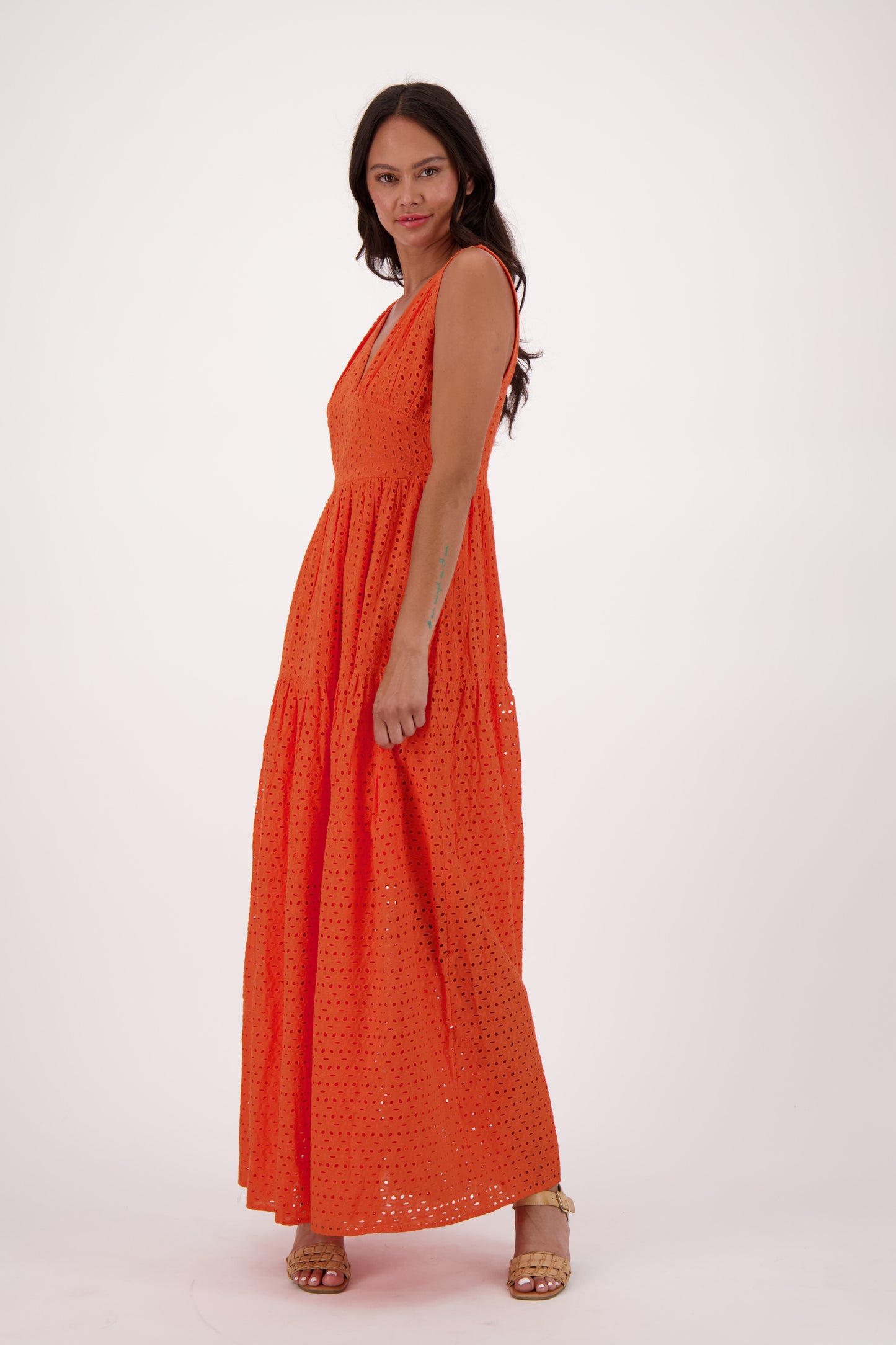 Eyelet Long Tiered Dress With Plunge Back