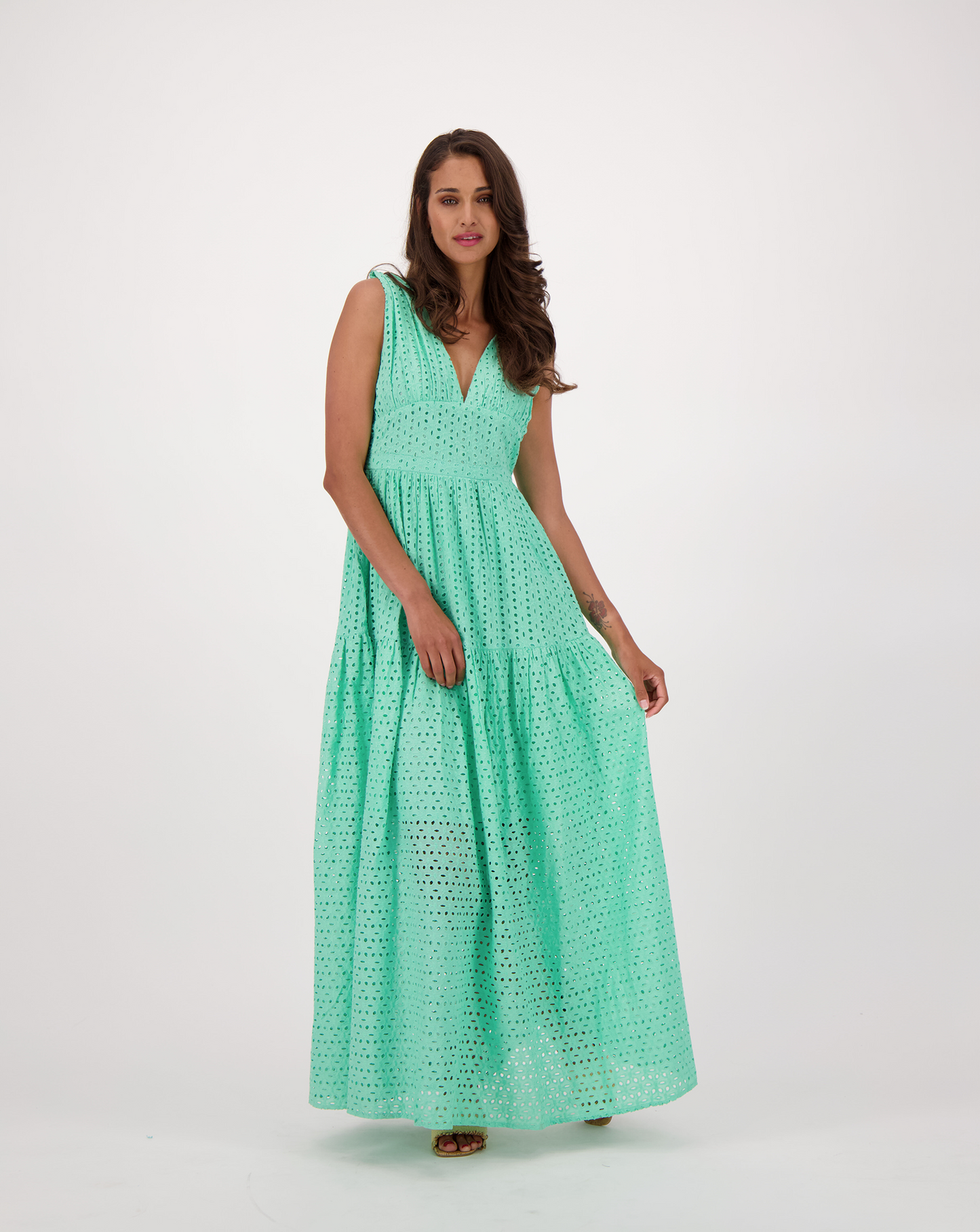 Eyelet Long Tiered Dress With Plunge Back