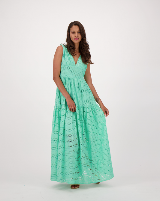 Eyelet Long Tiered Dress With Plunge Back