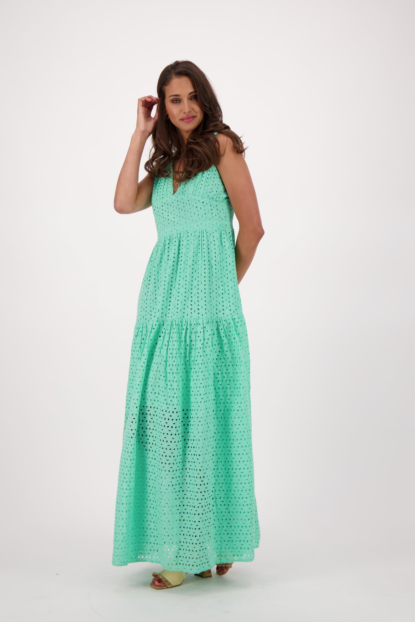 Eyelet Long Tiered Dress With Plunge Back