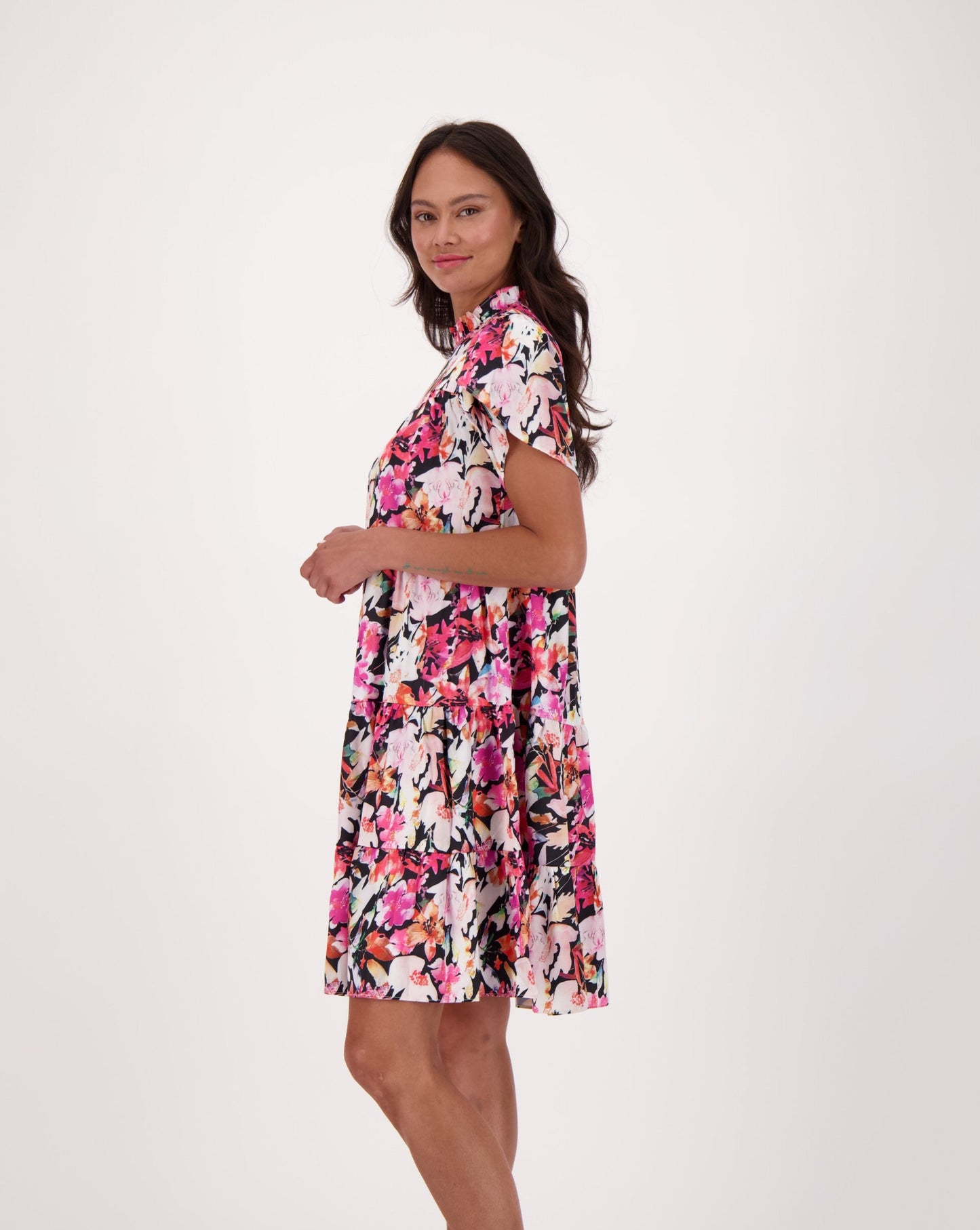 Pink Bloom Flutter Sleeve Tiered Dress