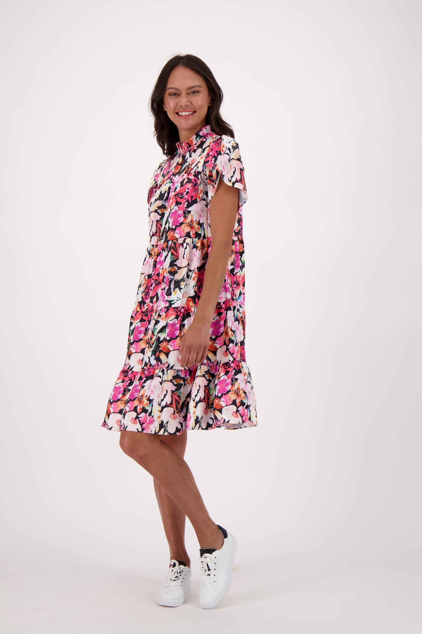 Pink Bloom Flutter Sleeve Tiered Dress