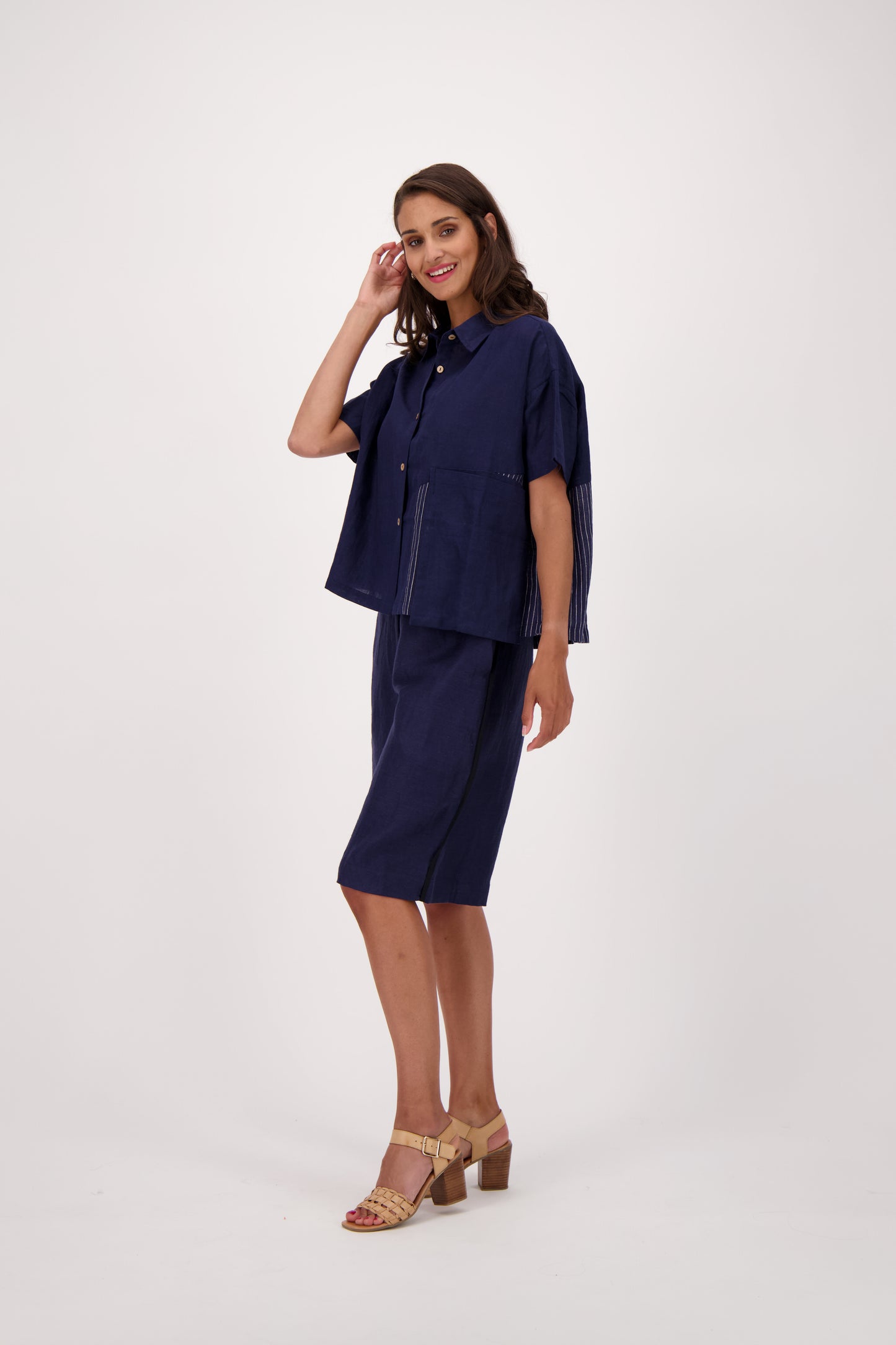 Madras Linen Blend Indigo Wide Leg Shorts