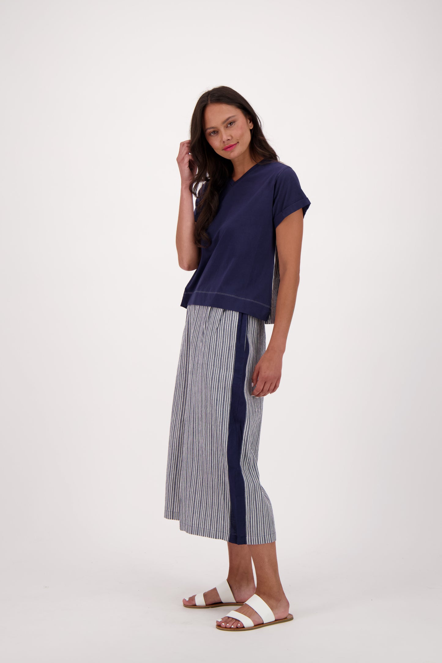 Madras Linen Blend Indigo Wide Leg Cropped Pant