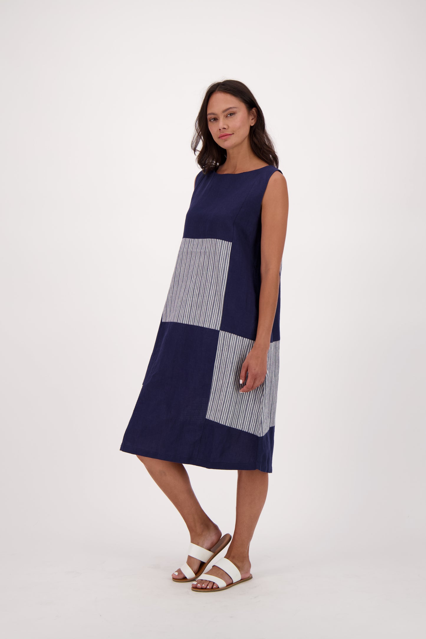 Madras Linen Blend Indigo Casual Midi Dress