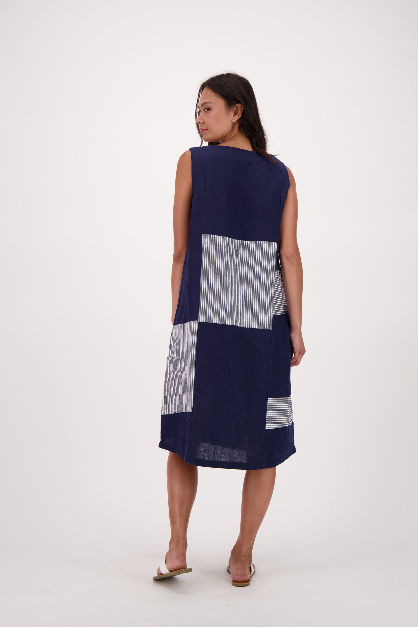 Madras Linen Blend Indigo Casual Midi Dress