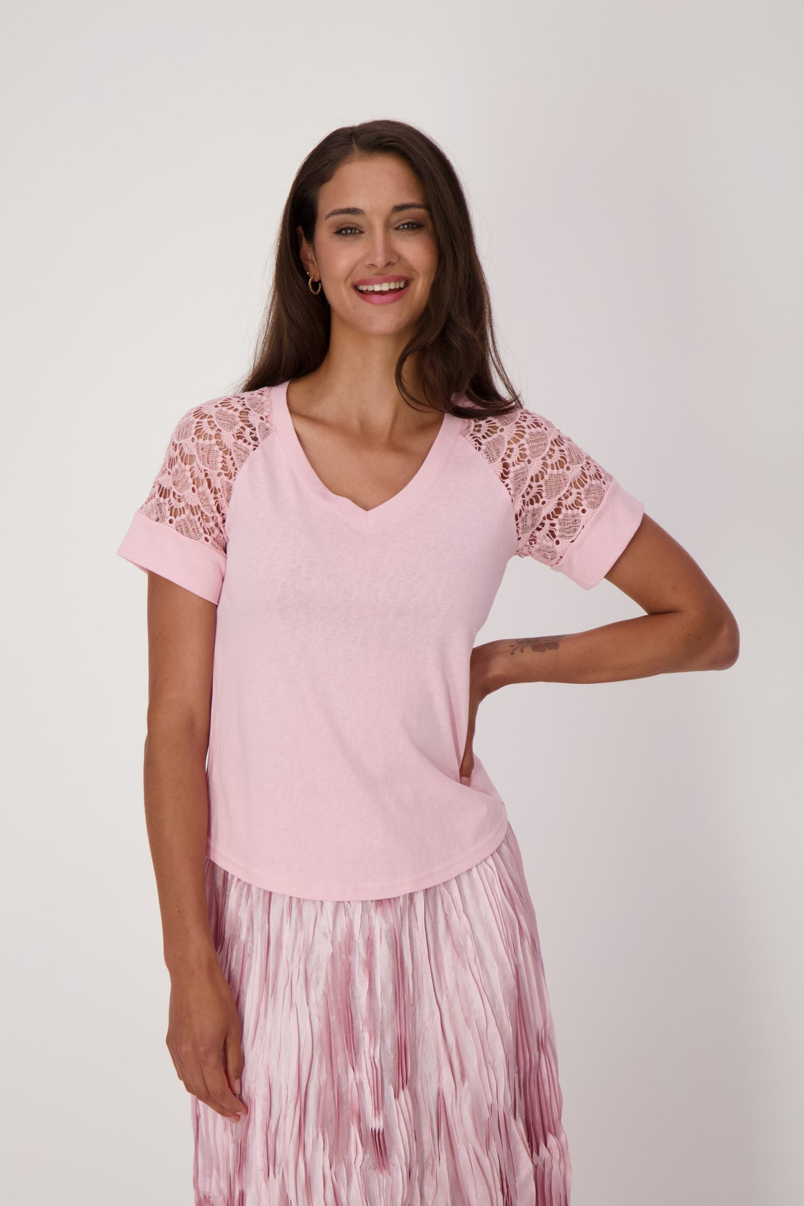 V-Neck T-Shirt With Lace Sleeves