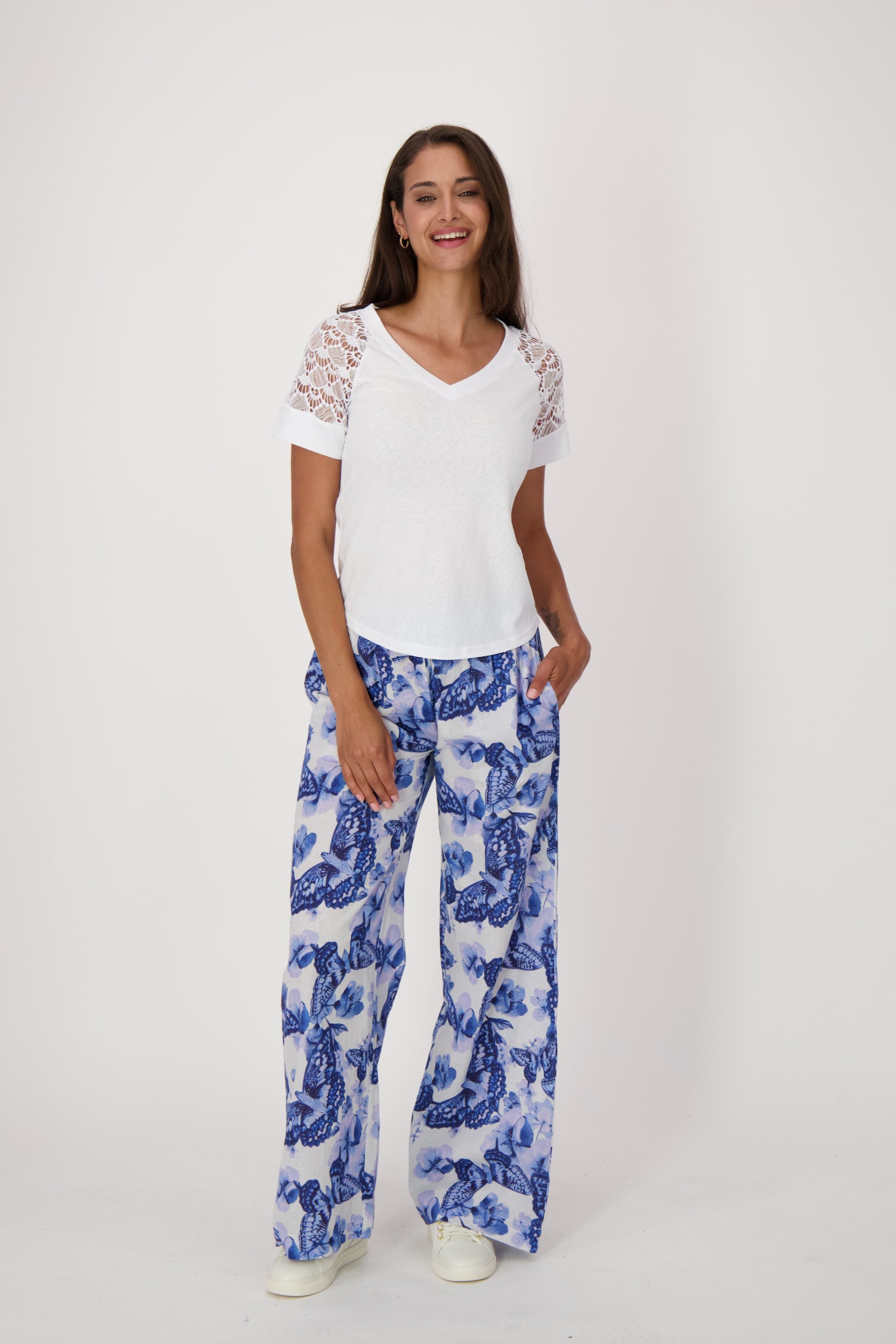 V-Neck T-Shirt With Lace Sleeves