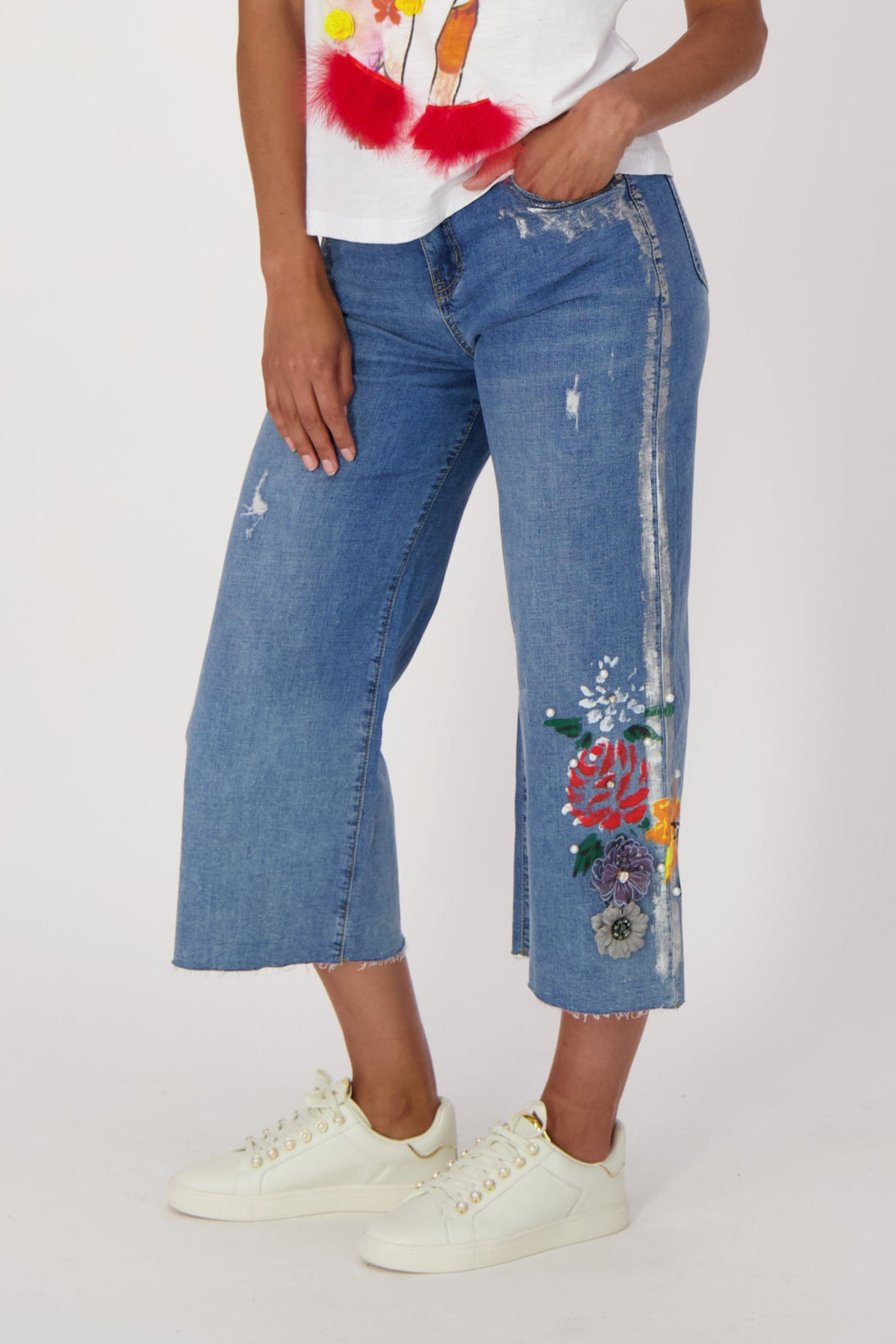 Capri Denim With Silver Paint And Flowers