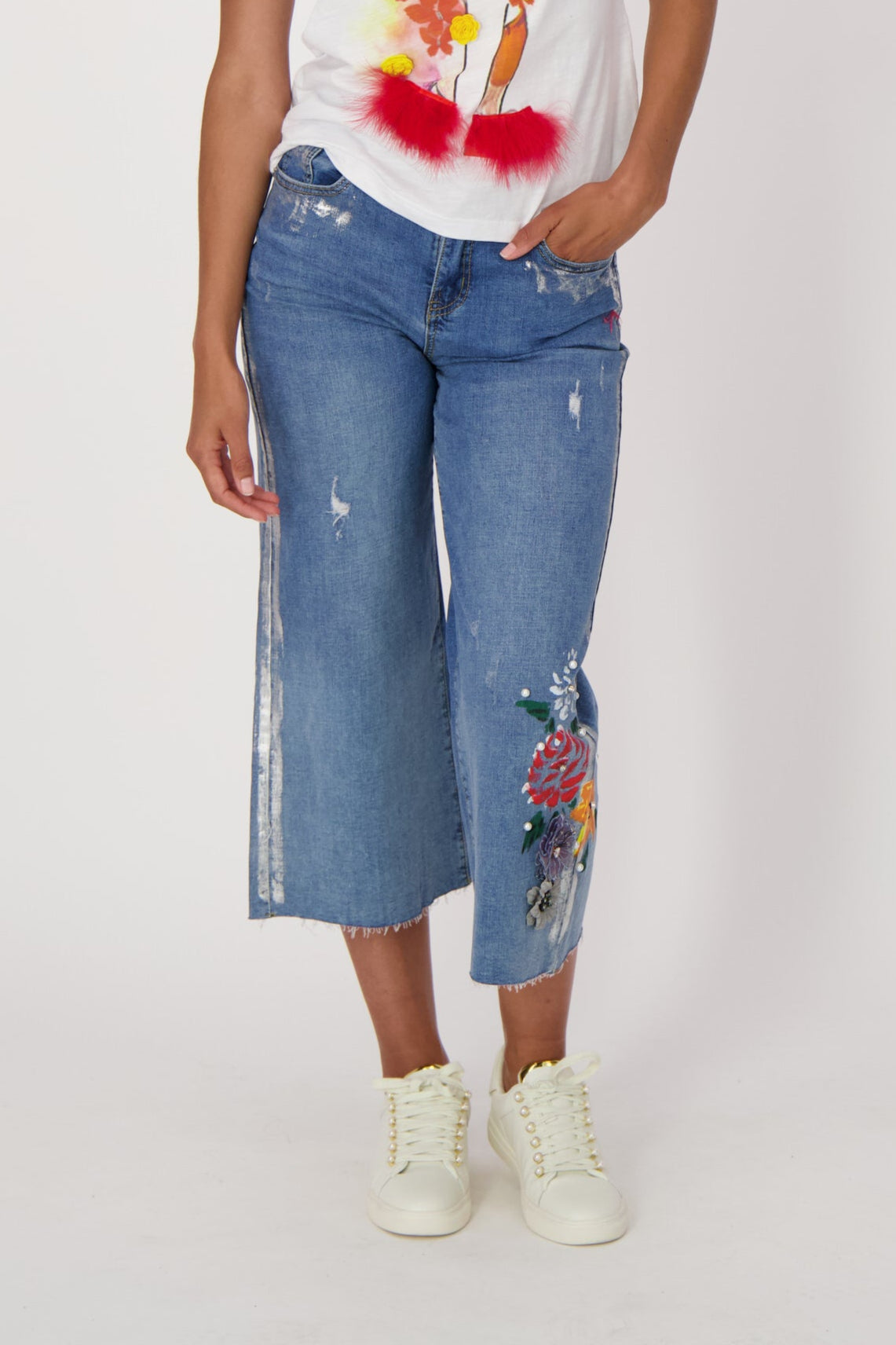 Capri Denim With Silver Paint And Flowers