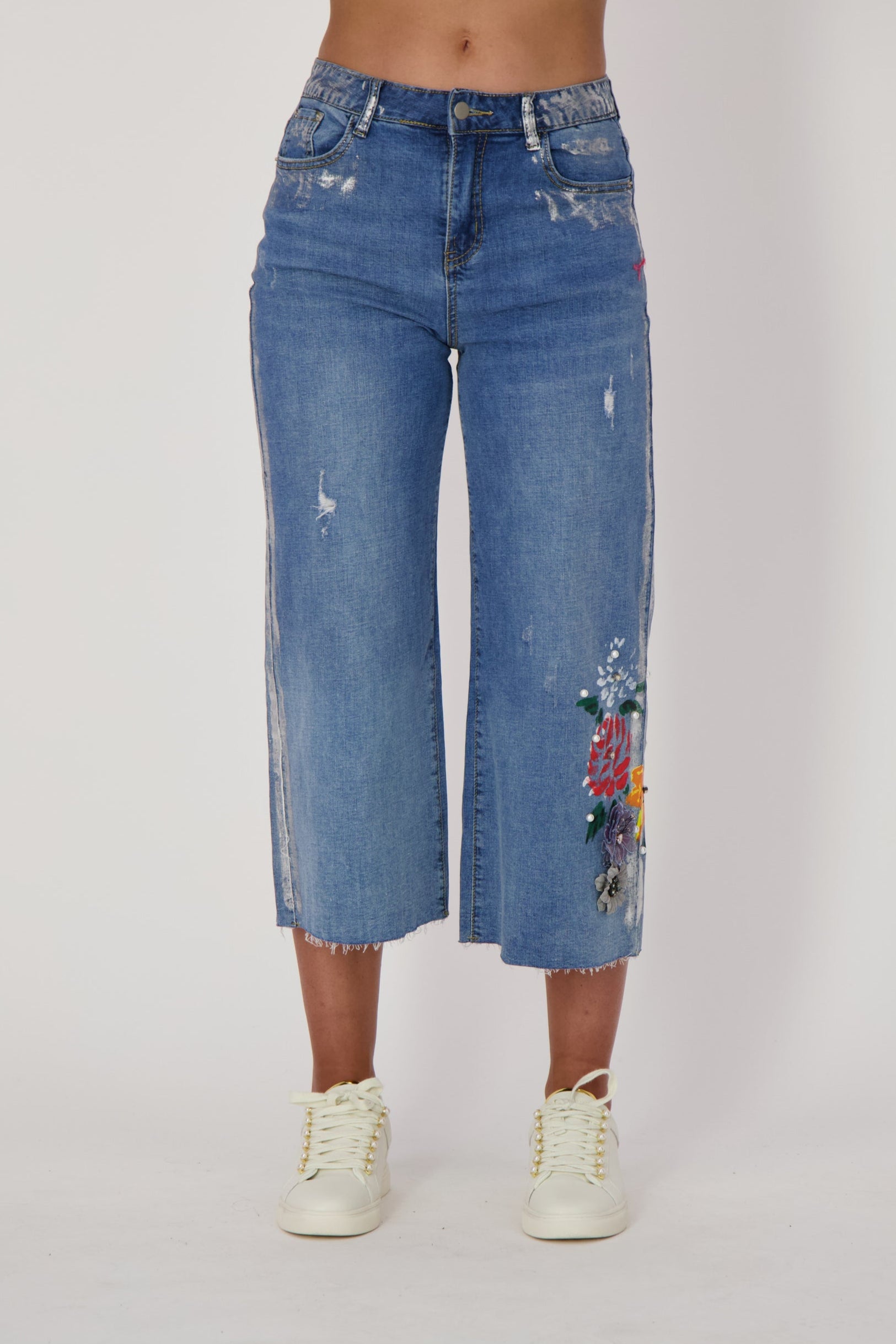 Capri Denim With Silver Paint And Flowers