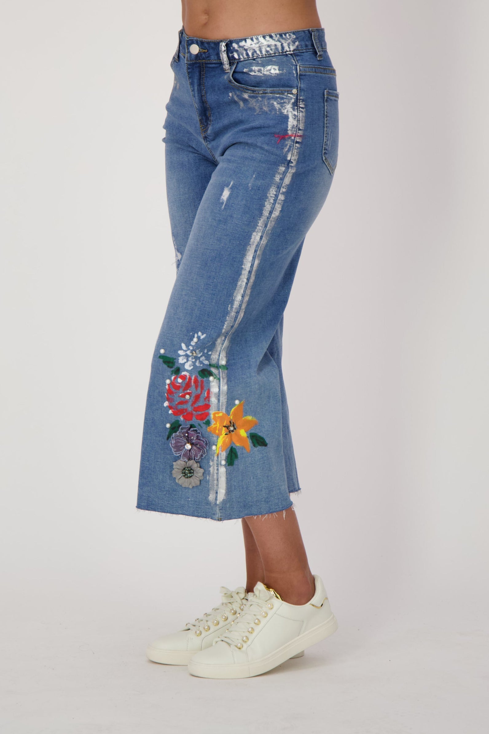 Capri Denim With Silver Paint And Flowers