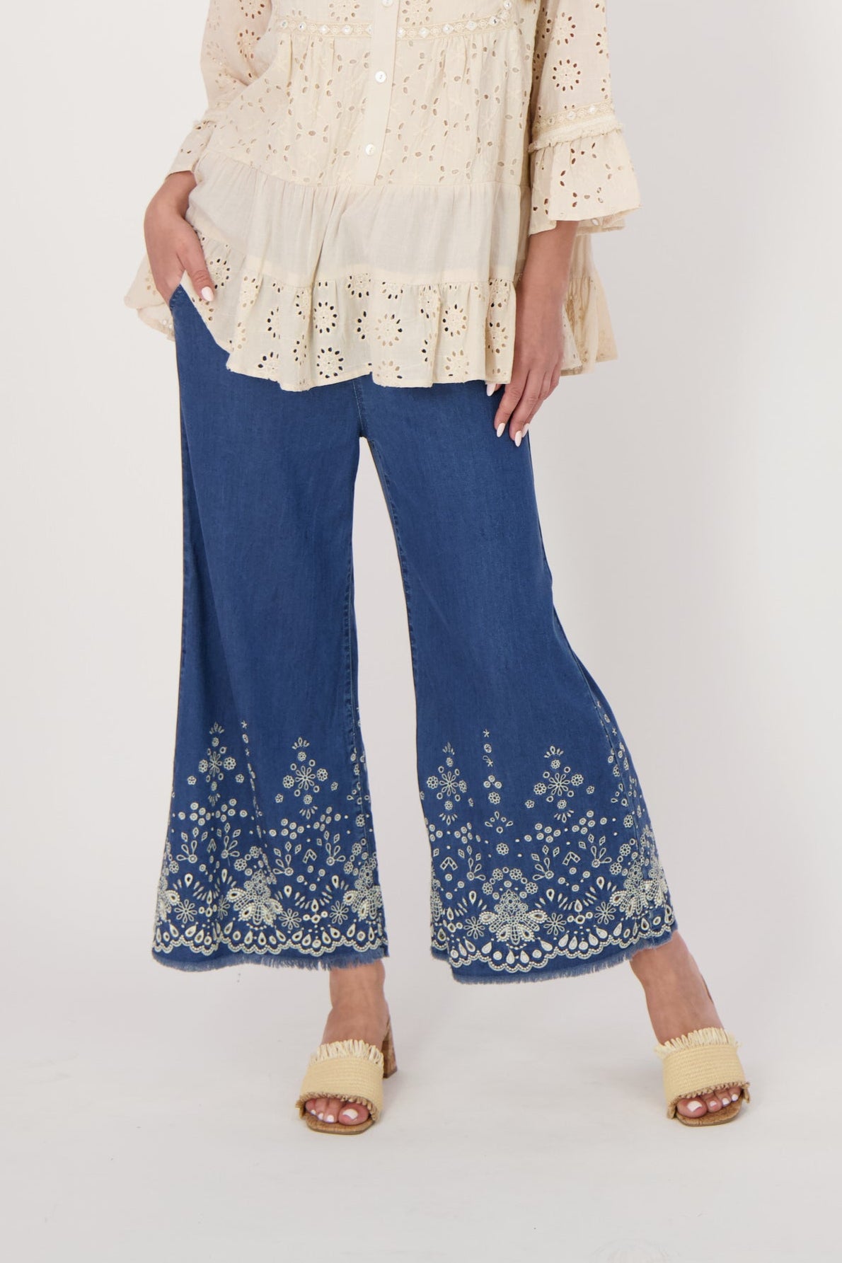 Embroidered Hem Tencel Pant