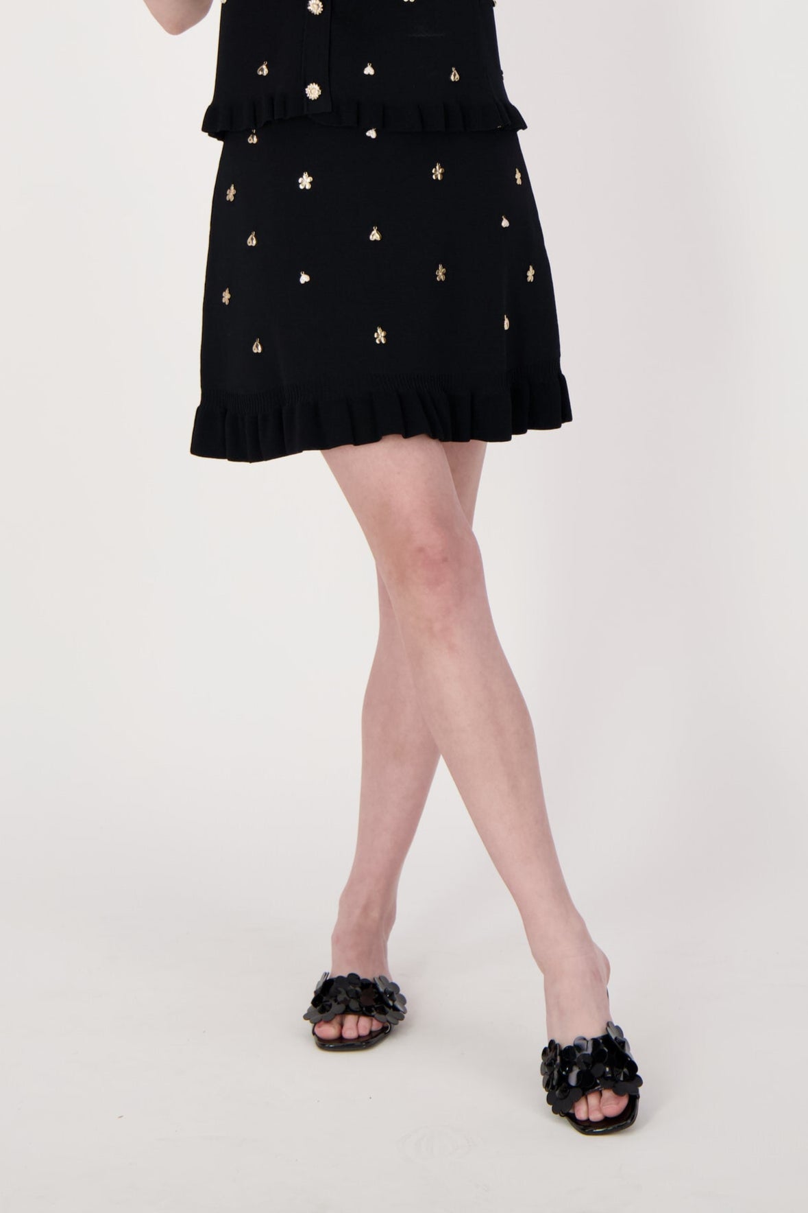 Gold Embellished Sweater Skirt With Ruffles