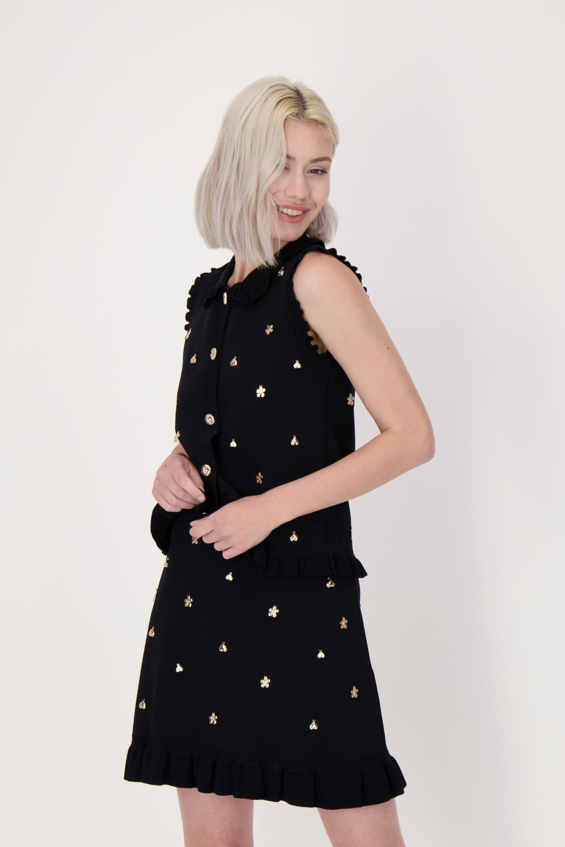 Gold Embellished Sweater Tank With Ruffles