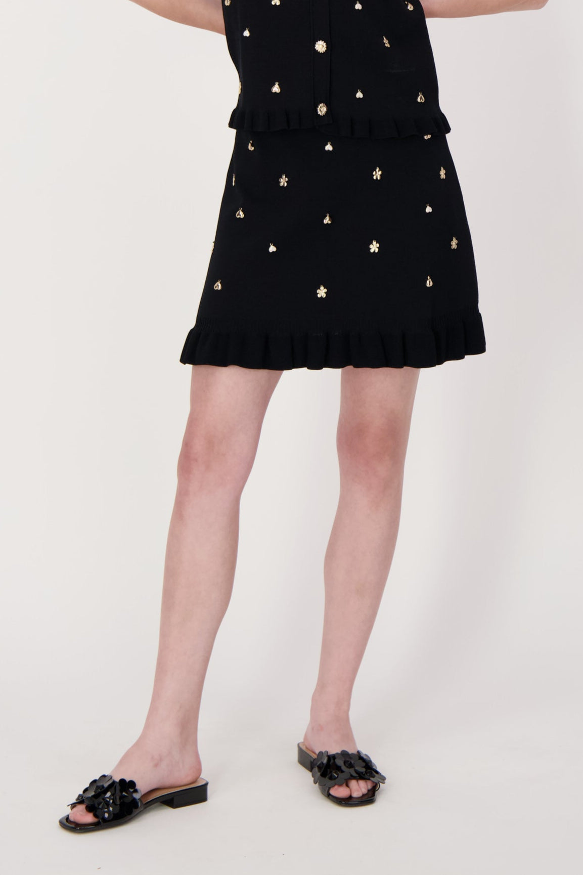 Gold Embellished Sweater Skirt With Ruffles
