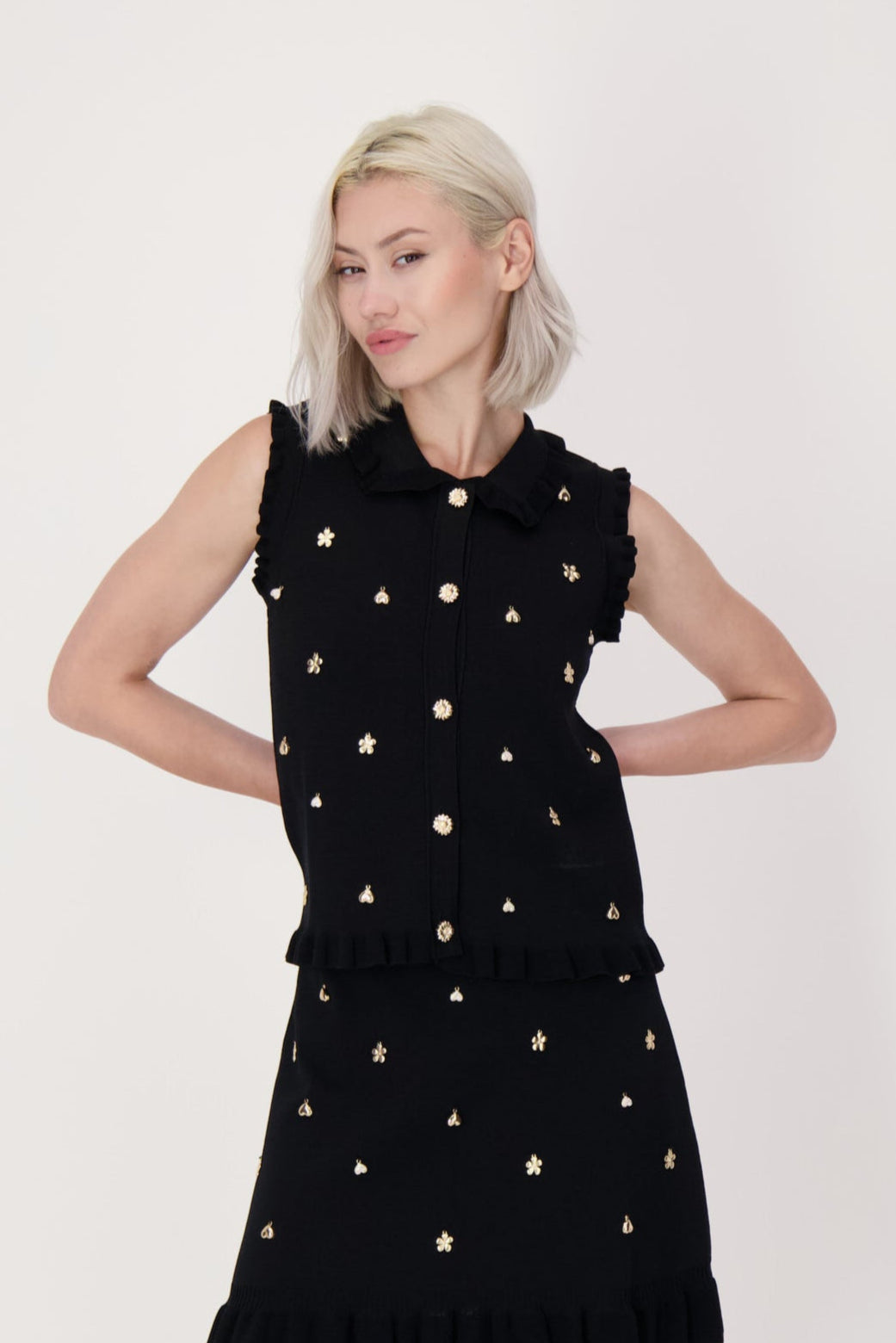 Gold Embellished Sweater Tank With Ruffles