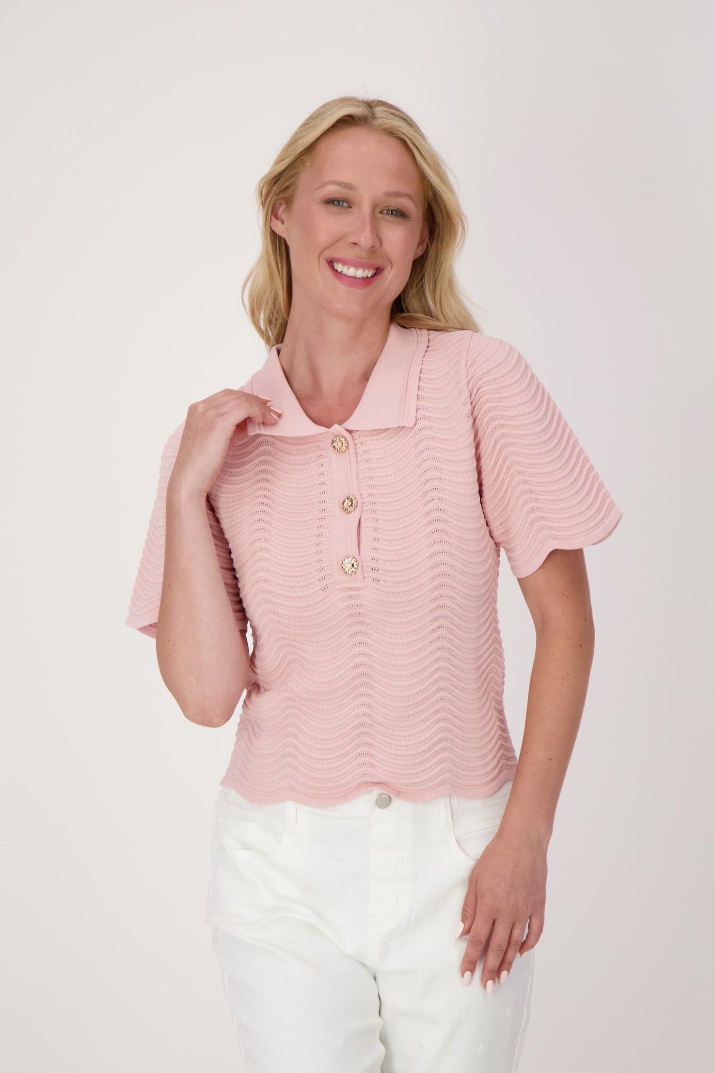 Scalloped Knit Top With Sunflower Buttons