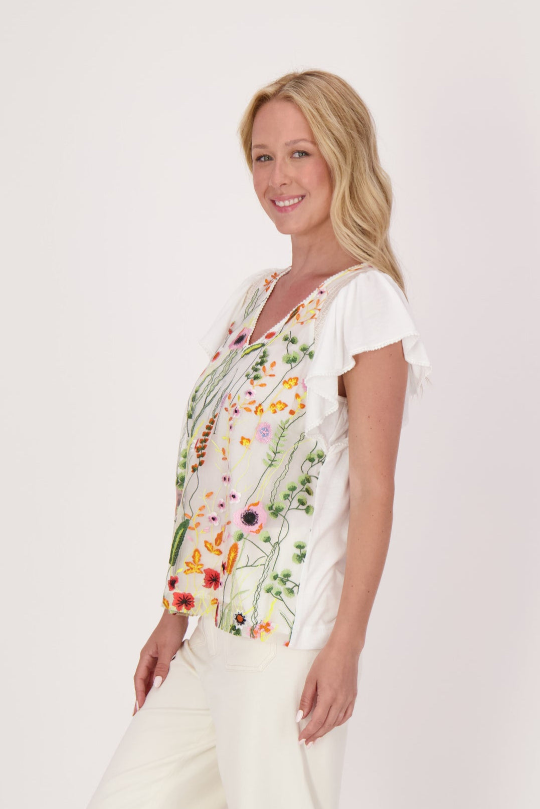 T-Shirt With Tulle Floral Embroidery