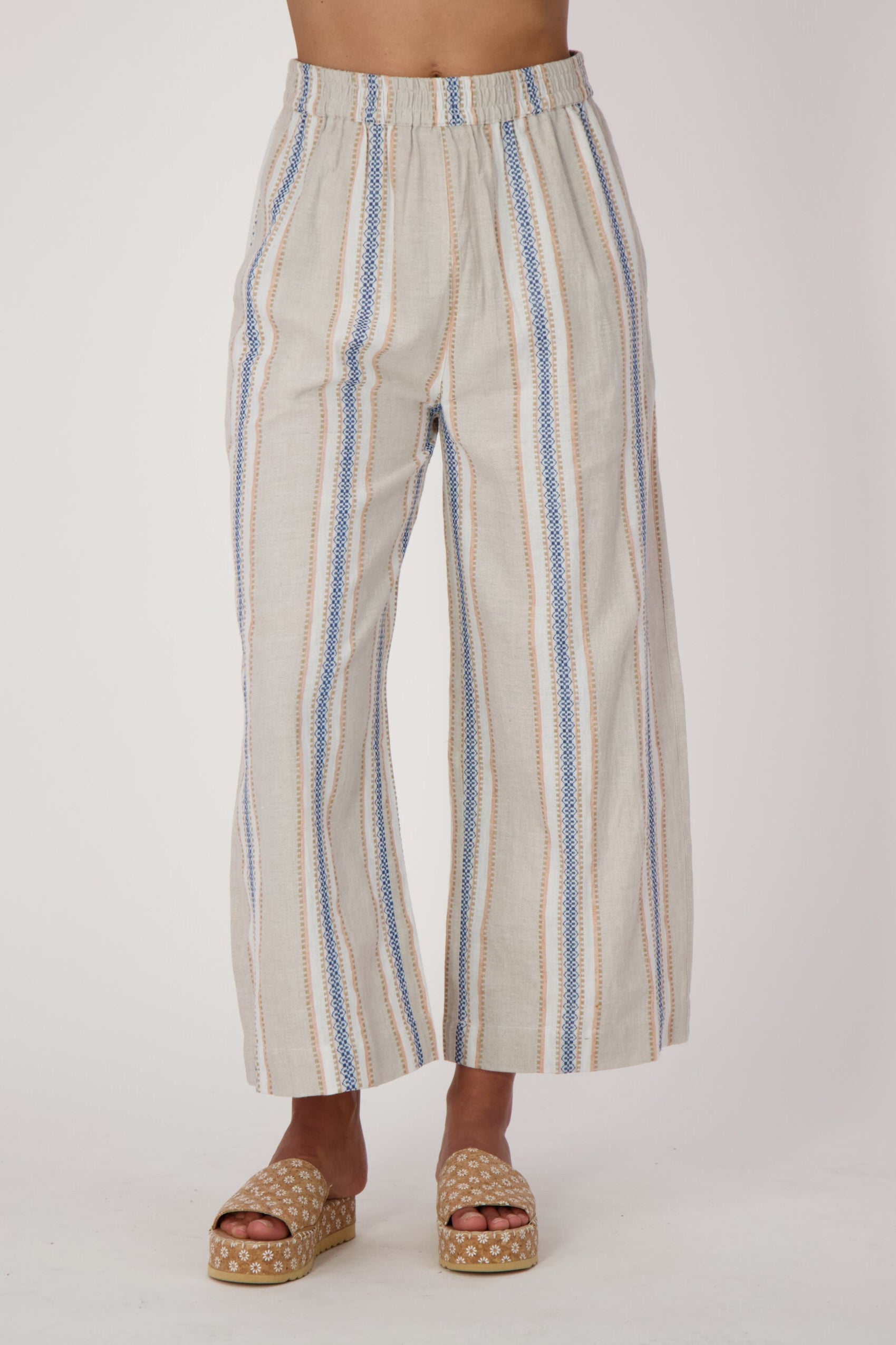 Striped Linen-Blend Wide Leg Capri