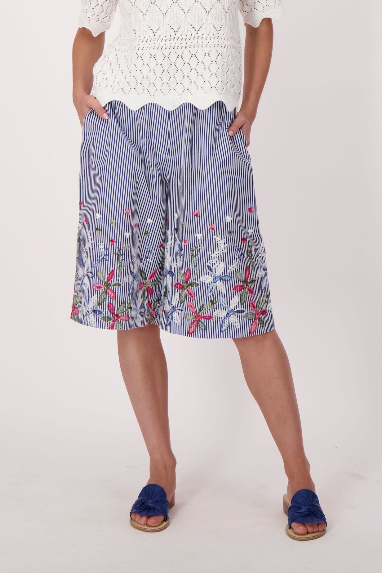 Stripe Floral Embroidered Bermuda Shorts