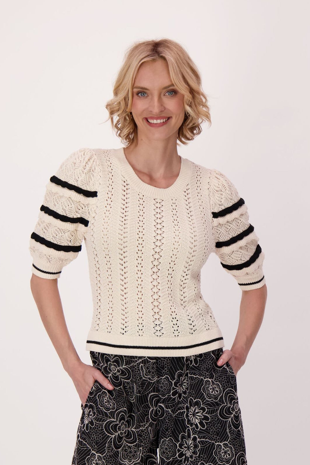 Layered Scallop Sleeve Cotton Sweater