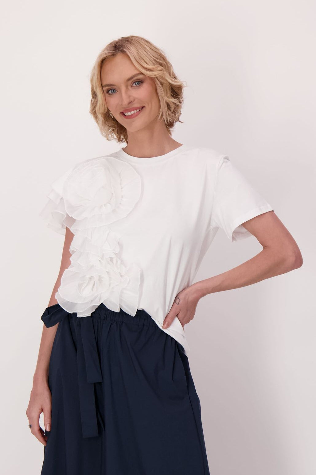 Asymmetrical Chiffon Floral Cotton T-Shirt