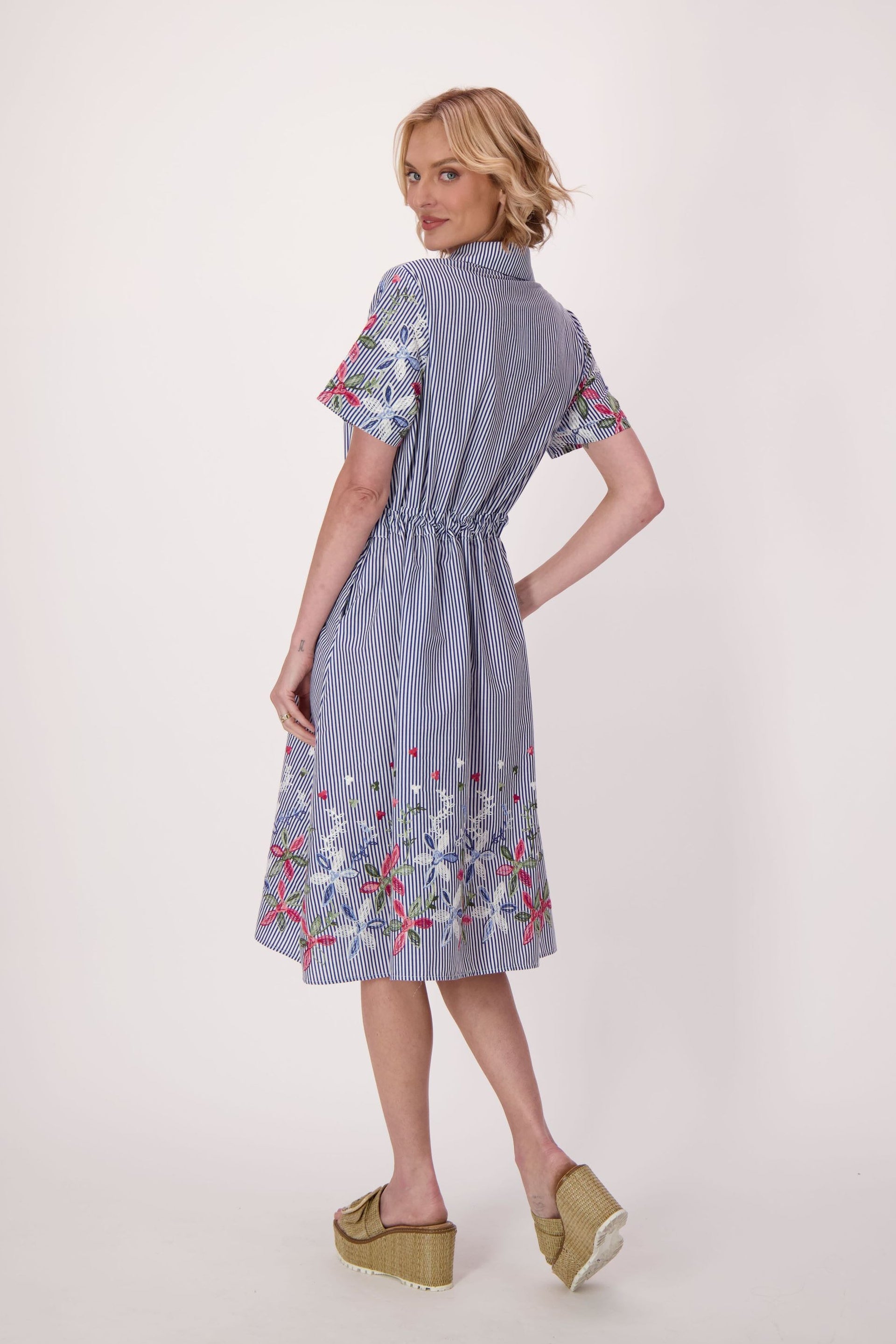 Stripe Floral Embroidered Sleeve Hem Dress