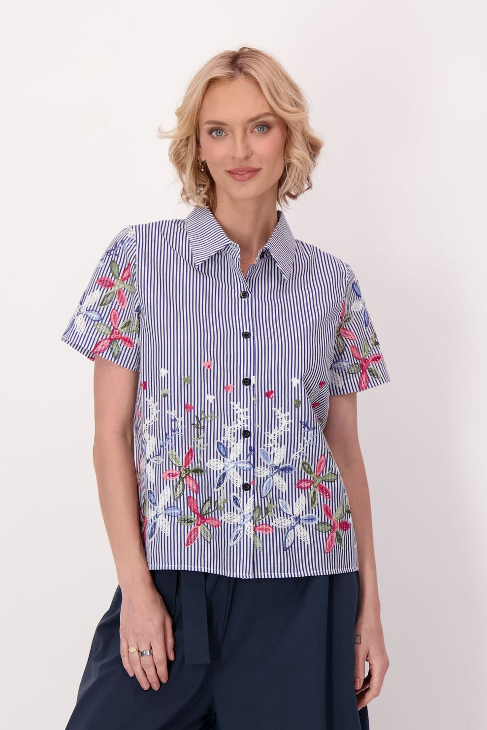 Stripe Floral Embroidered Sleeve Hem Shirt Jacket