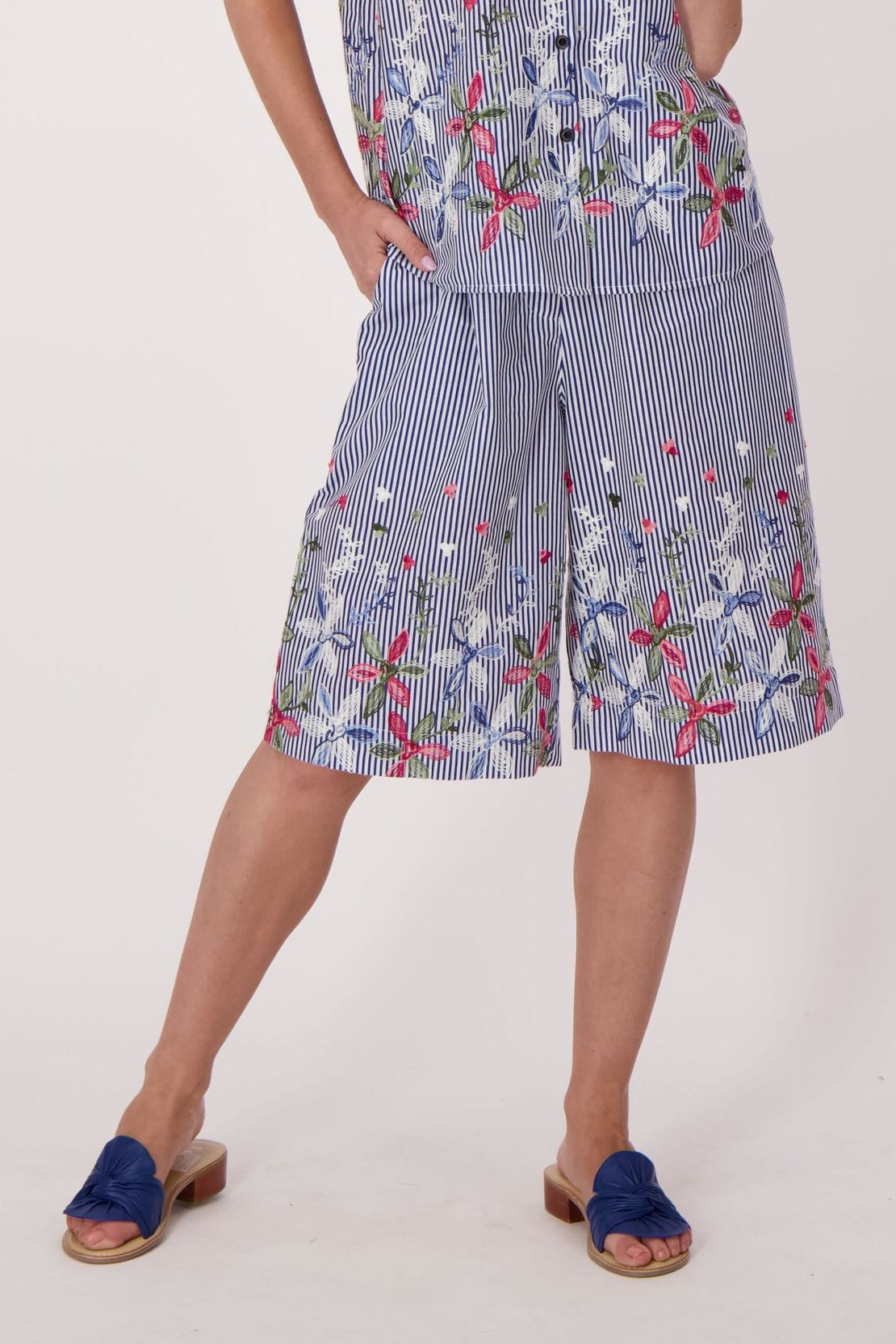 Stripe Floral Embroidered Bermuda Shorts