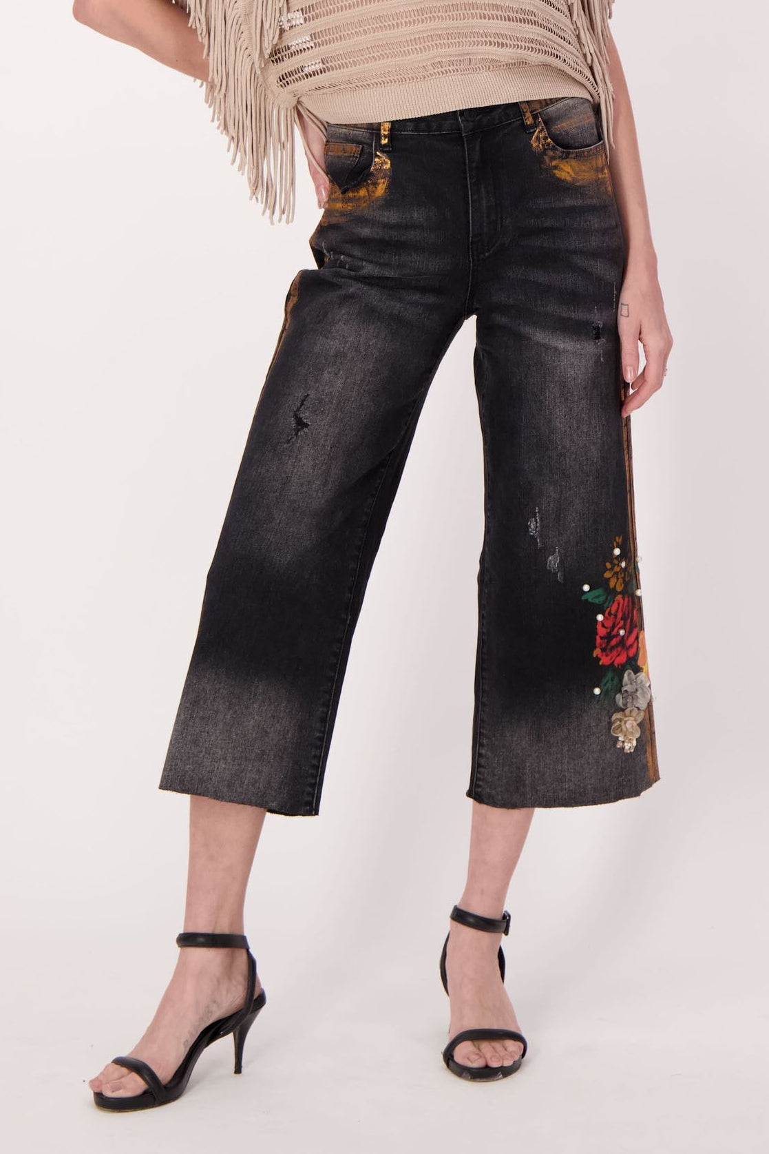 Floral Applique Wide Leg Crop Jean