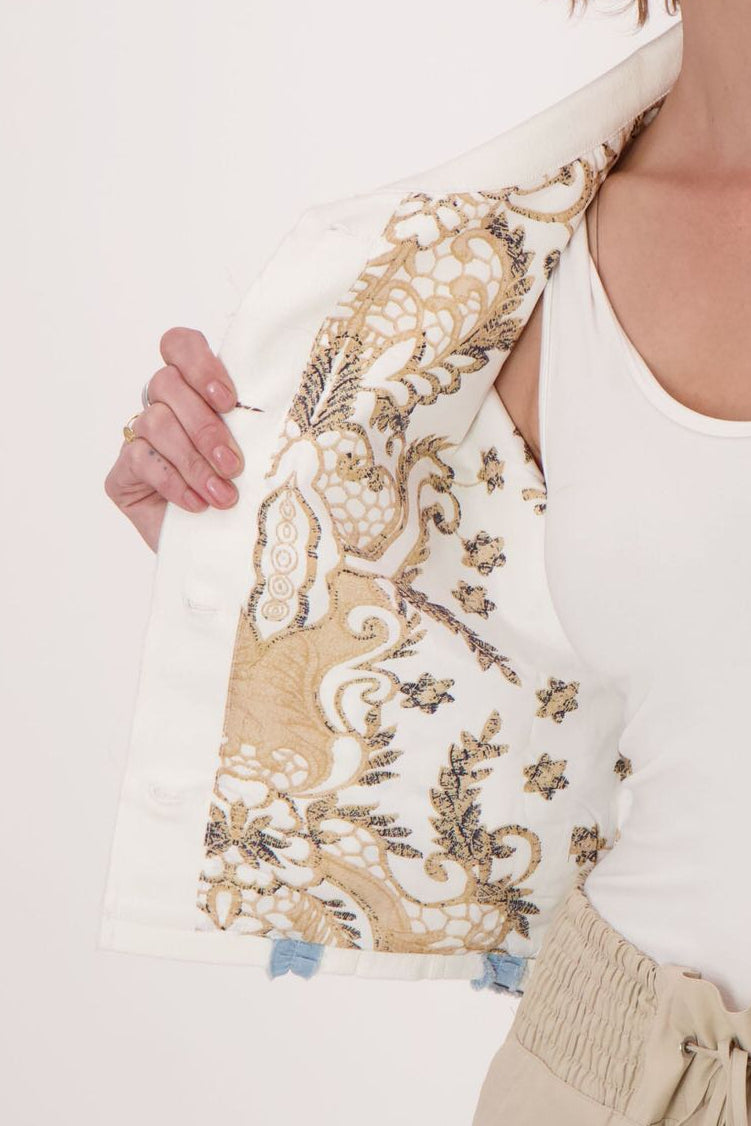 Embroidered Crop Cotton Jacket With Printed Lining