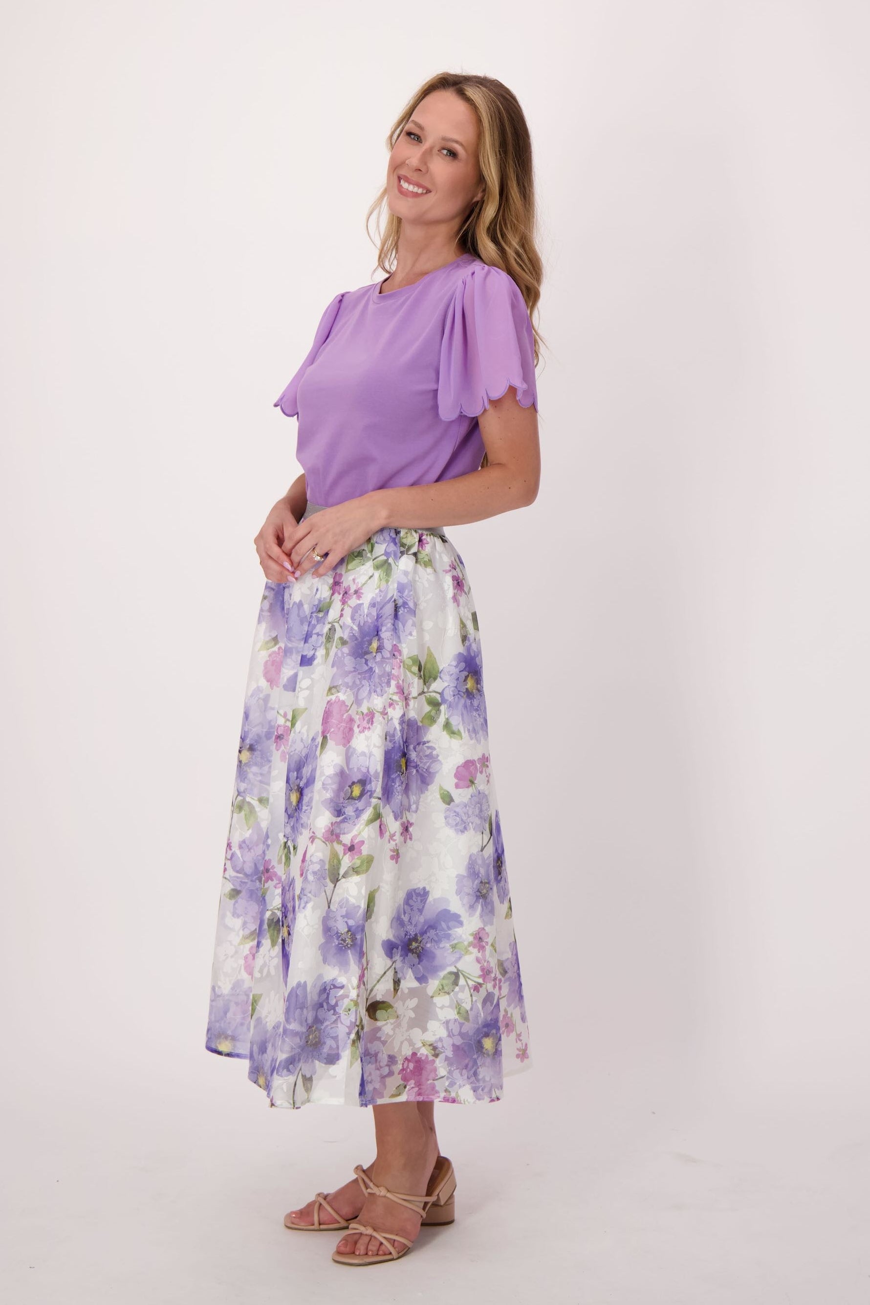 Chiffon Scallop Sleeve Cotton T-Shirt