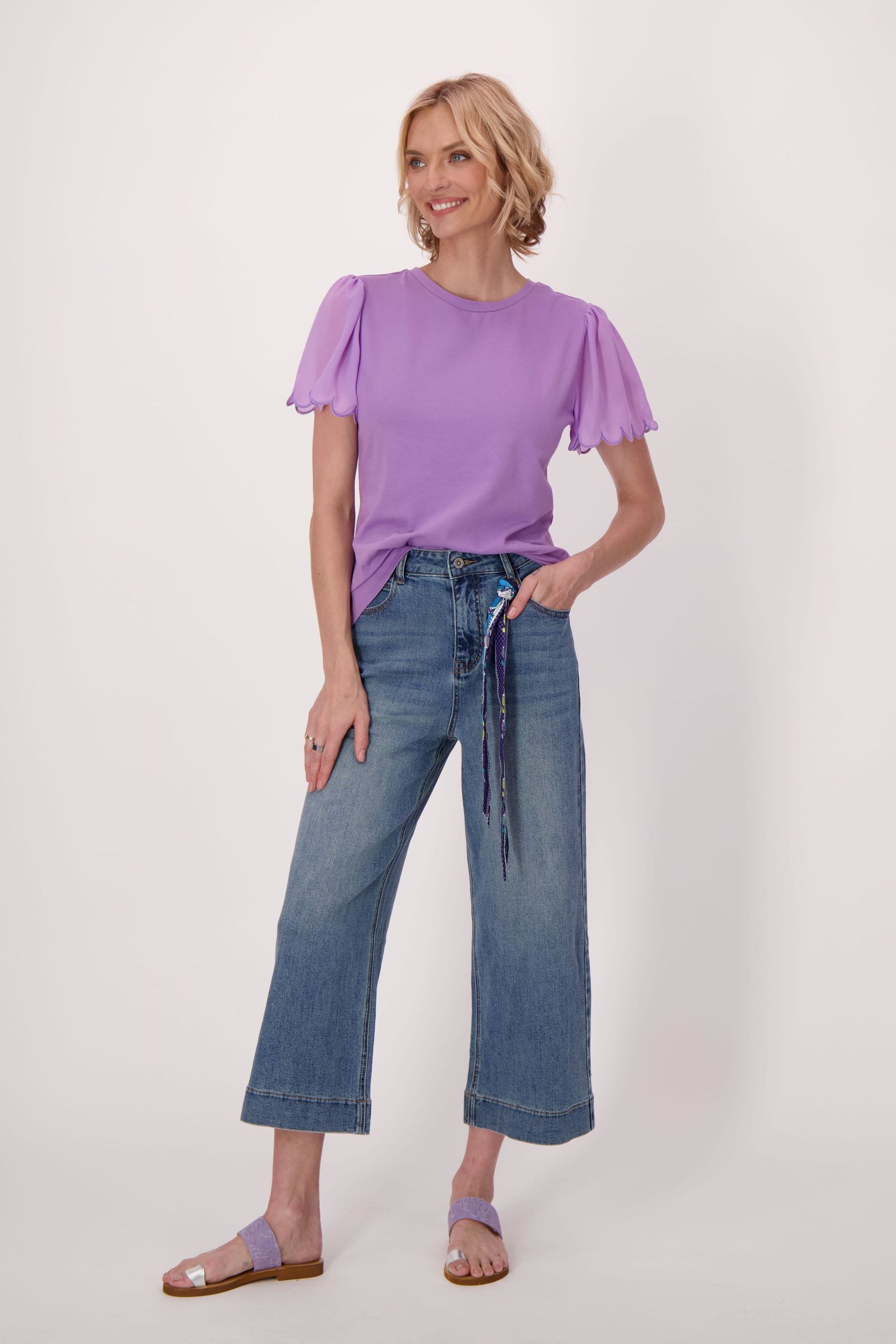 Chiffon Scallop Sleeve Cotton T-Shirt